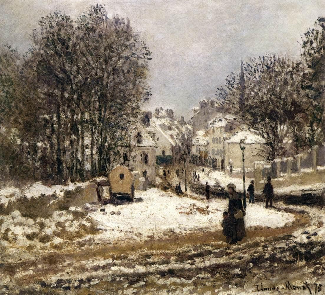 A woman and child walk along a snowy, rutted road into a town, a covered cart under bare trees at left and a church spire beyond — Claude Monet, Entrance to the Grande Rue at Argenteuil, Winter, 1875