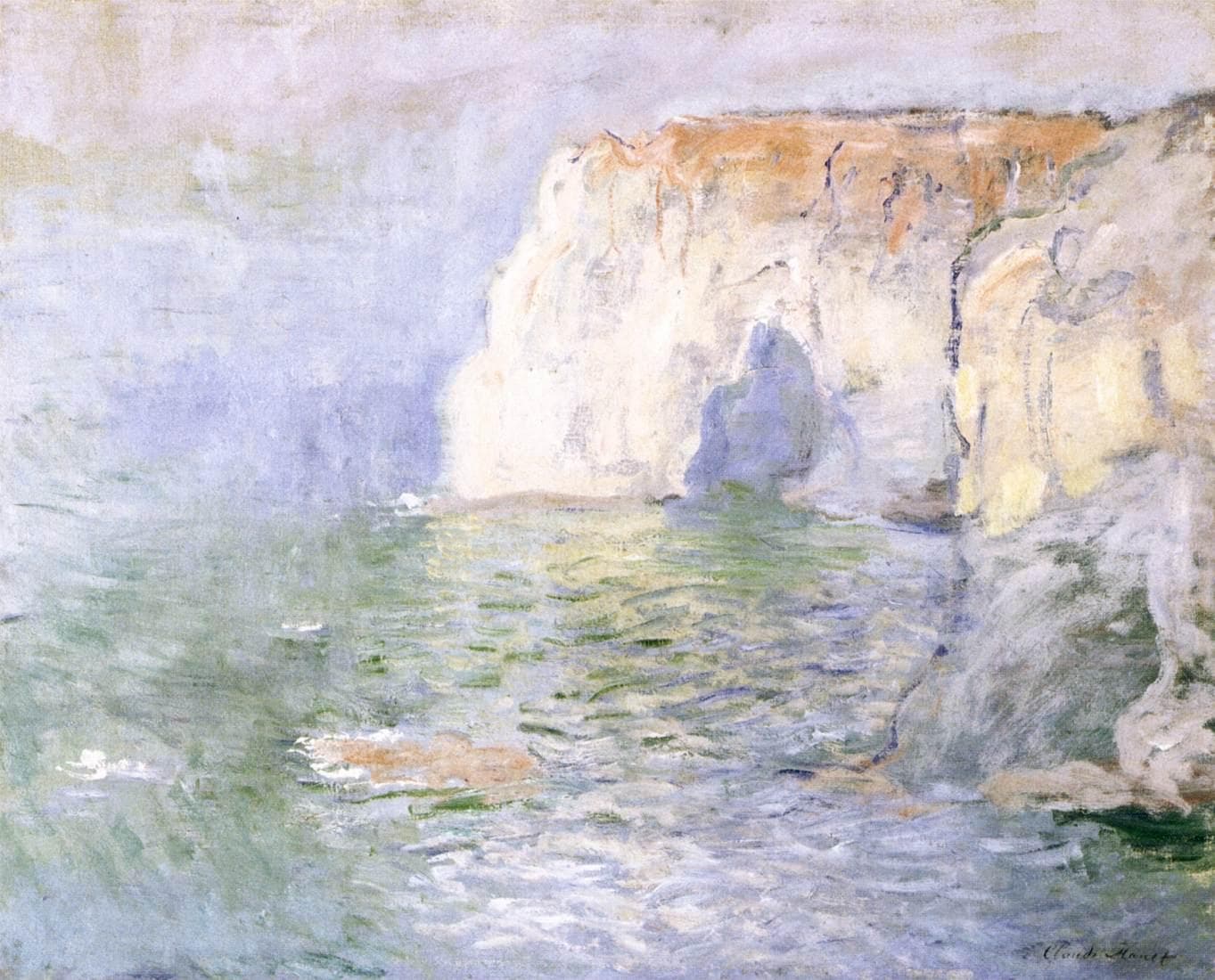 A pale chalk cliff with a dark arch opening onto the sea, reflected in shimmering green and lilac water under a hazy sky — Claude Monet, Étretat, the Manneporte, Reflections on the Water, c. 1885