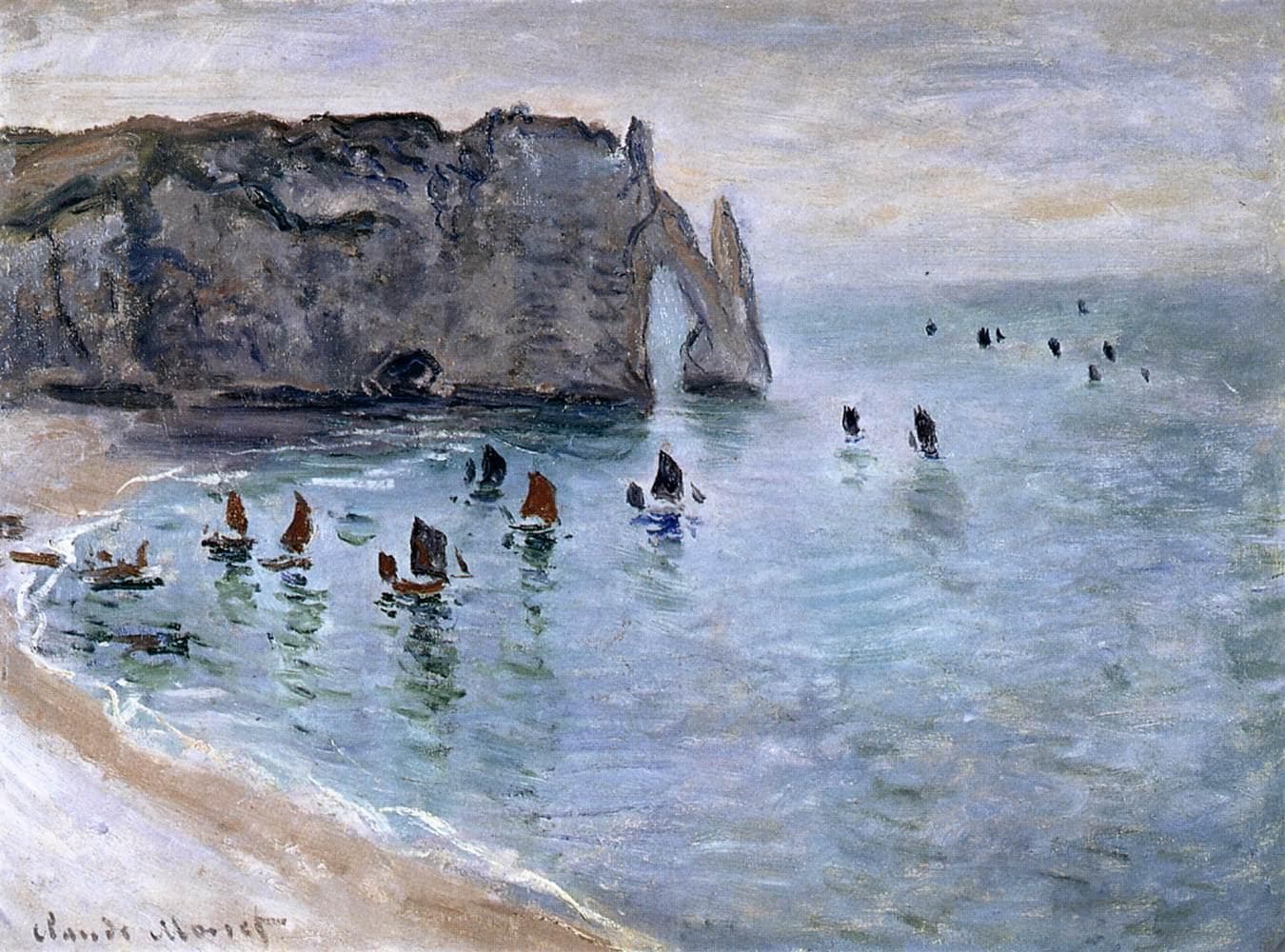 Small fishing boats with red-brown sails set out across a calm bay toward a dark chalk arch and rock needle — Claude Monet, Étretat, the Porte d'Aval: Fishing Boats Leaving the Harbor, 1885