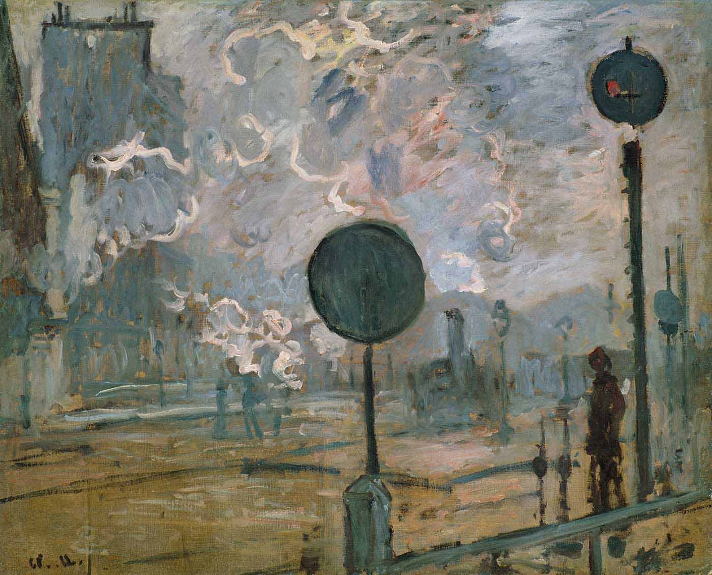 A large dark round signal disc on a post stands at the center of a smoky railway yard, another signal and a worker at right, looping steam above — Claude Monet, Exterior of Gare Saint-Lazare, The Signal, 1877