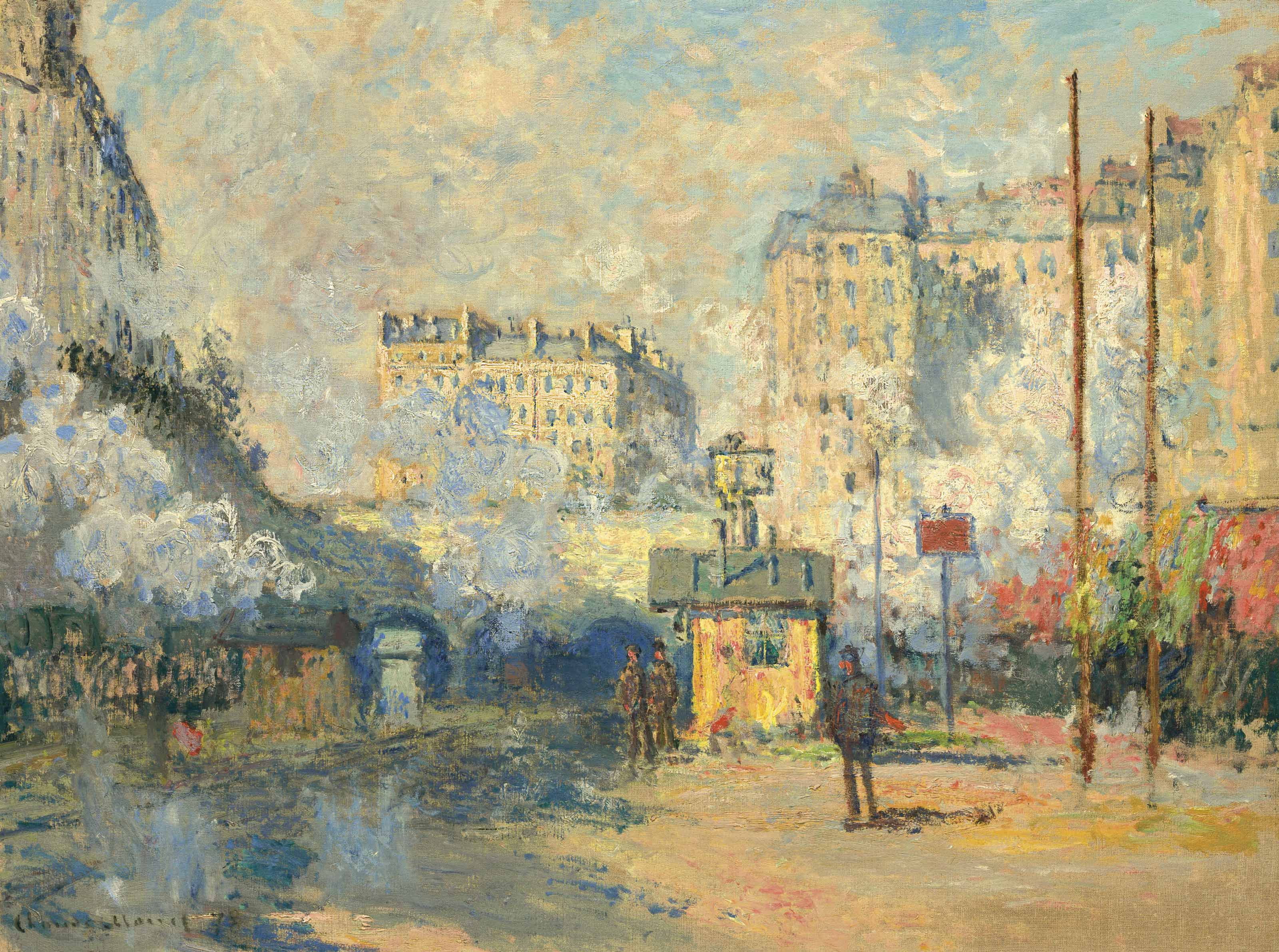 A sunlit railway yard with pale apartment blocks, a small yellow signal cabin, workers and telegraph poles, blue-white steam billowing at left — Claude Monet, Exterior of Saint-Lazare Station, Sun Effect, 1877
