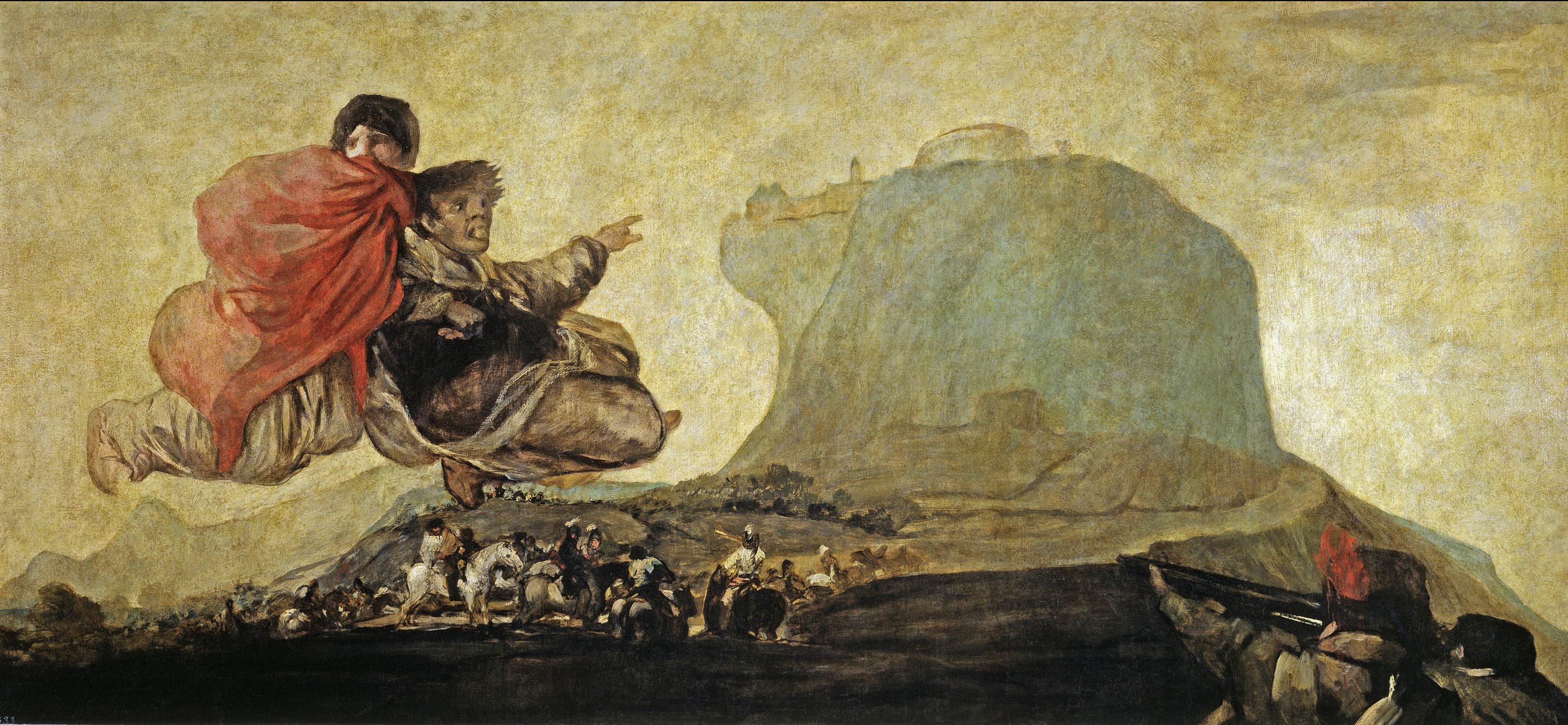 Two cloaked figures fly over a pale plain, one pointing toward a fortified rock, while soldiers at lower right aim guns at fleeing riders — Francisco Goya, Fantastic Vision (Asmodea), c. 1819–1823