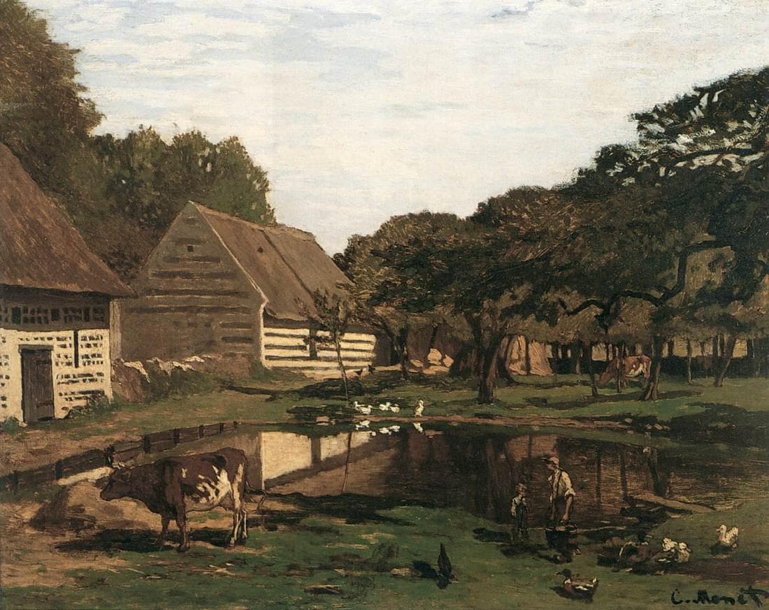 A Normandy farmyard with a timber-framed cottage and plank-sided barn, a pond with ducks, a cow at lower left, a man and child by the water and old apple trees at right — Claude Monet, Farmyard in Normandy, c. 1863