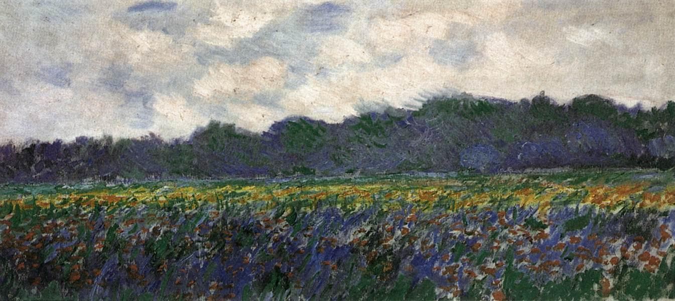 A wide meadow of yellow and violet irises stretches beneath a dark line of trees and a cloudy grey sky — Claude Monet, Field of Yellow Irises at Giverny, 1887