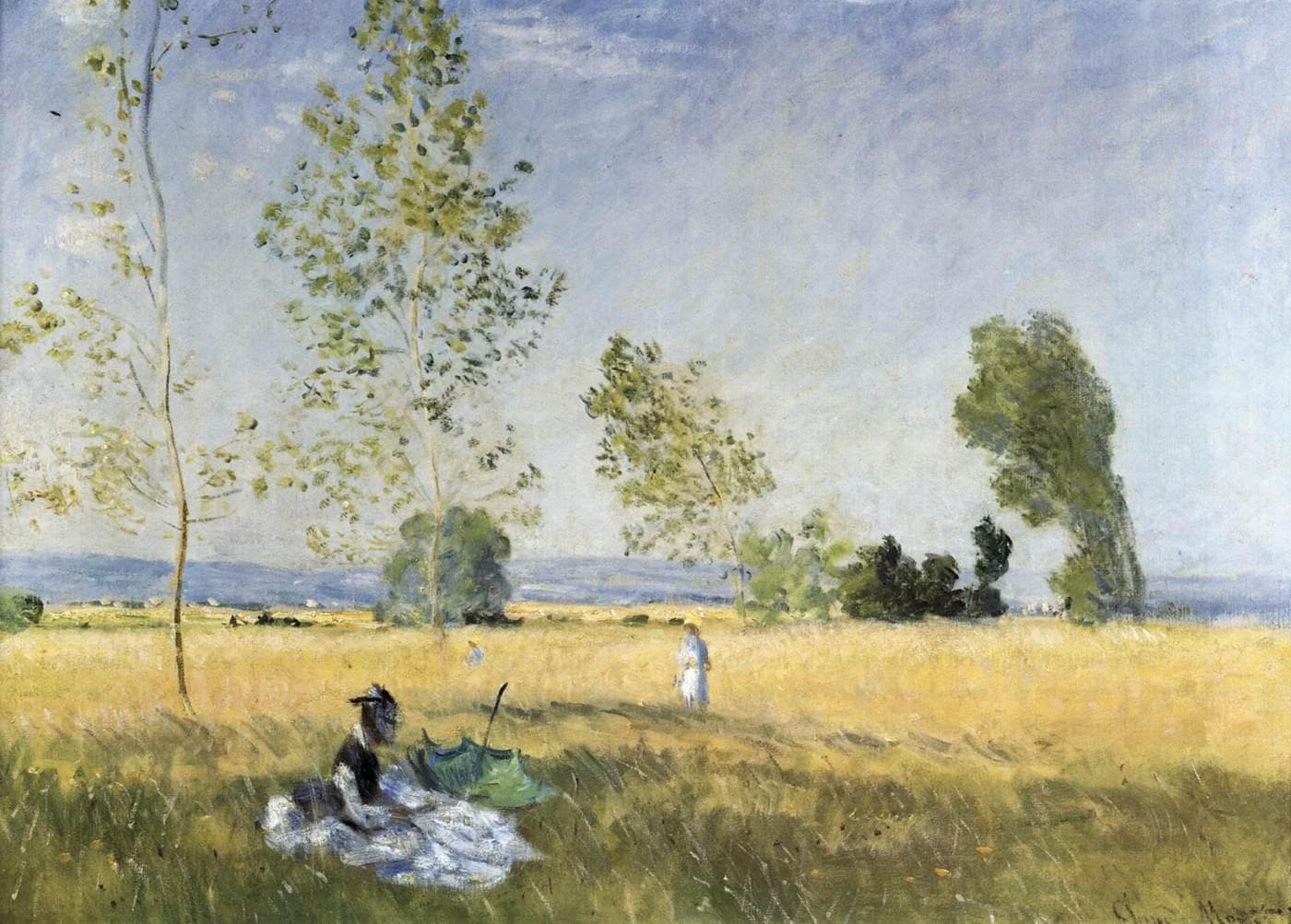 A woman with a green parasol reclines in a wide sunlit meadow of yellow grass with slender trees and a distant figure in white — Claude Monet, Summer (Meadow at Bezons), 1874