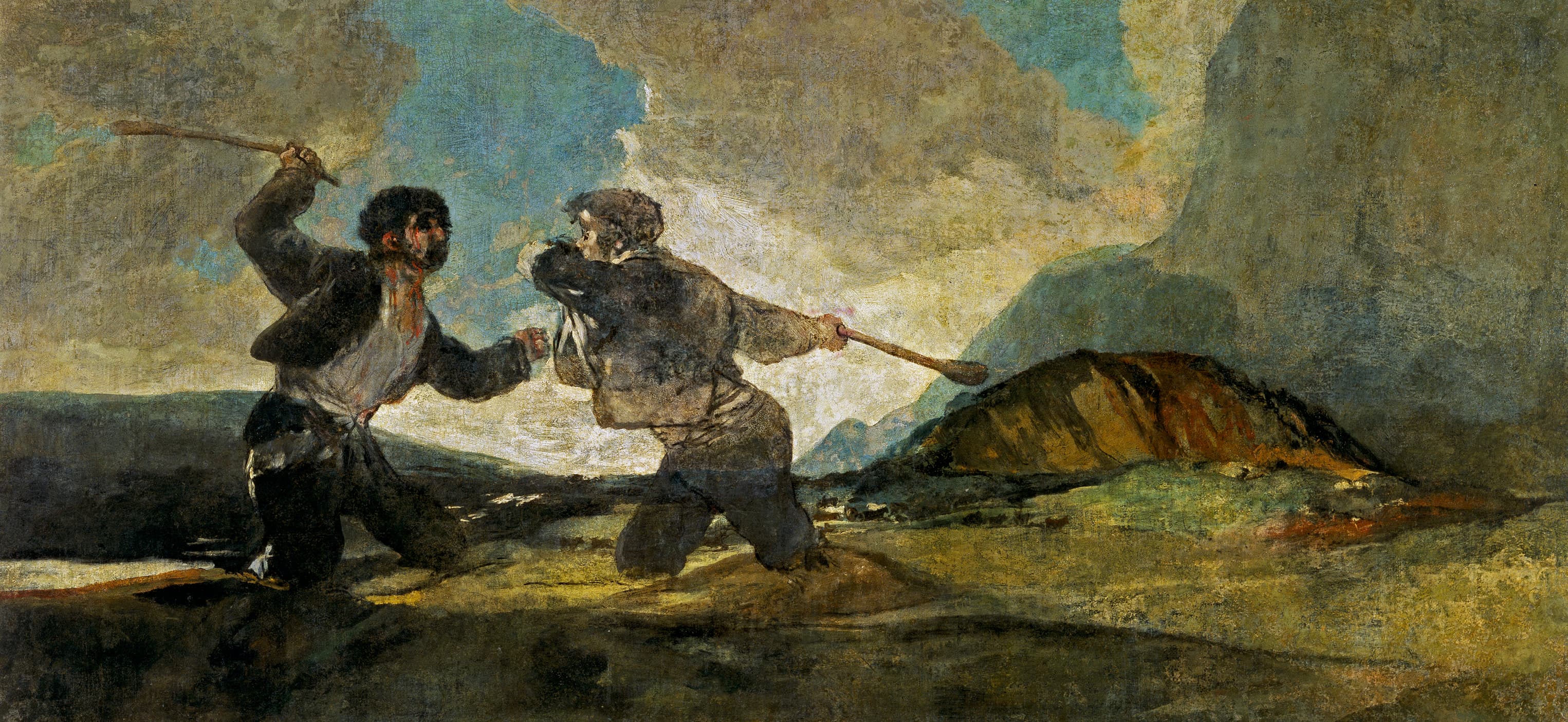 Two men with raised wooden clubs fight at close quarters, their legs hidden below the knee in the ground of a wide sunlit valley — Francisco Goya, Fight with Cudgels, c. 1819–1823