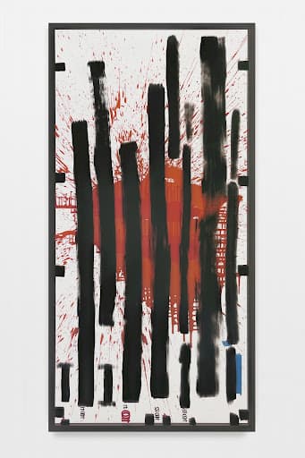 A tall white panel splashed with red paint and crossed by thick black vertical bars, small black rectangles around the frame like film sprockets — Josephine Meckseper, Filmtract Nº1