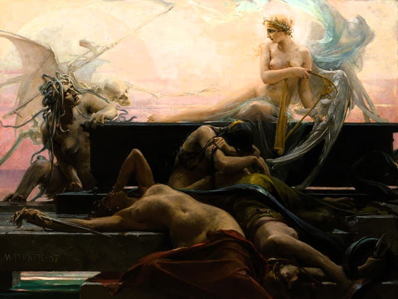 Medusa crouches beside a winged skeleton while a winged woman with a lyre reclines on black stone above fallen bodies — Maximilian Pirner, Finis (The End of All Things), 1887