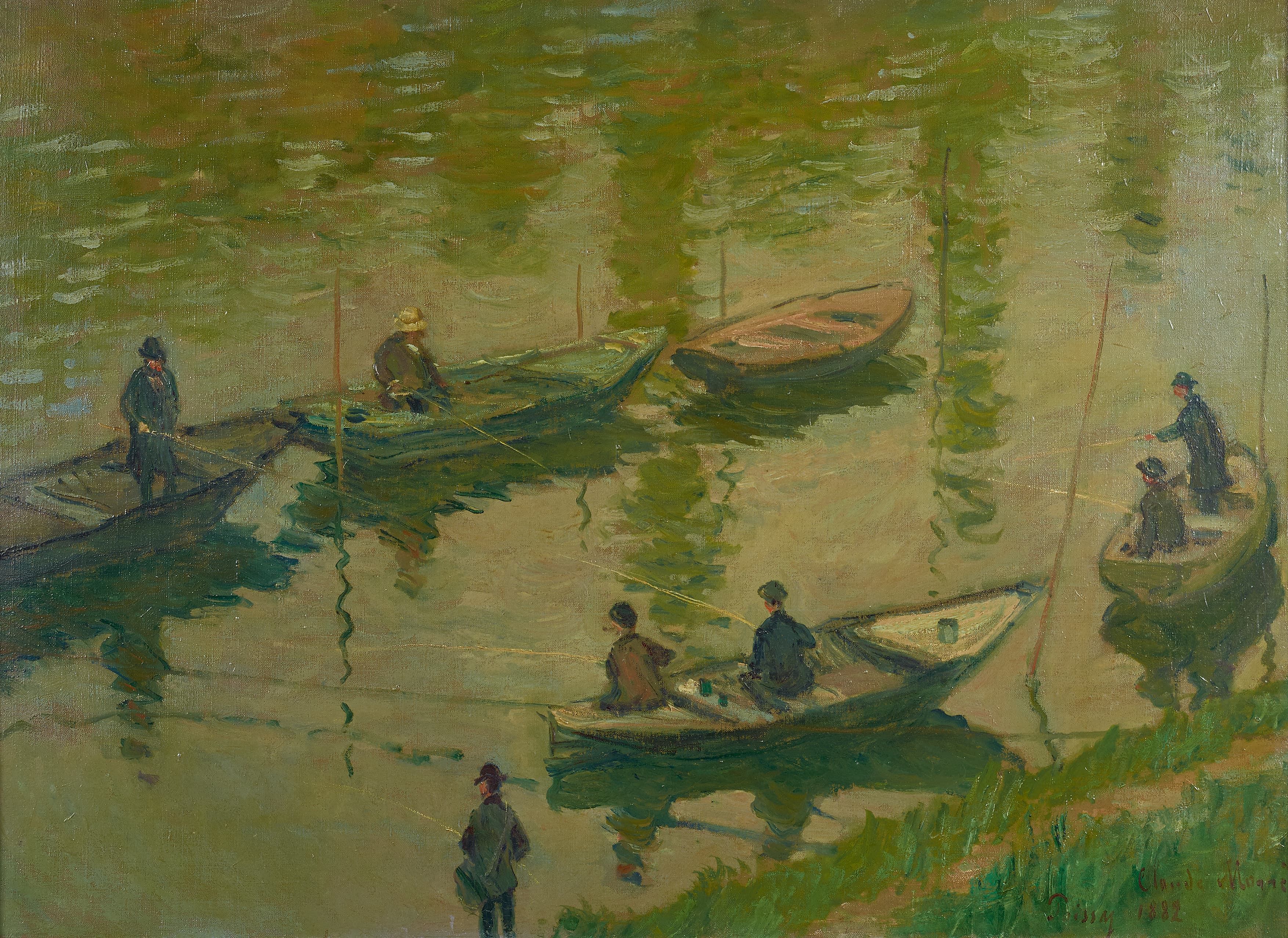Fishermen stand and sit in flat-bottomed boats on a green river full of reflected trees, seen from a grassy bank above — Claude Monet, Anglers on the Seine at Poissy, 1882