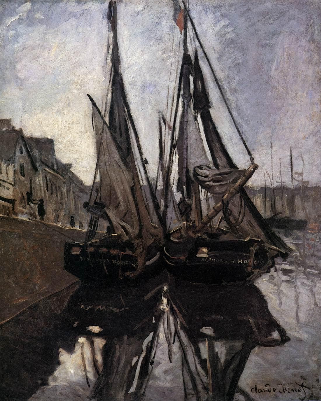 Two dark wooden fishing boats with tall masts and half-lowered sails moored at a quay, reflected in black water — Claude Monet, Fishing Boats at Honfleur, c. 1868