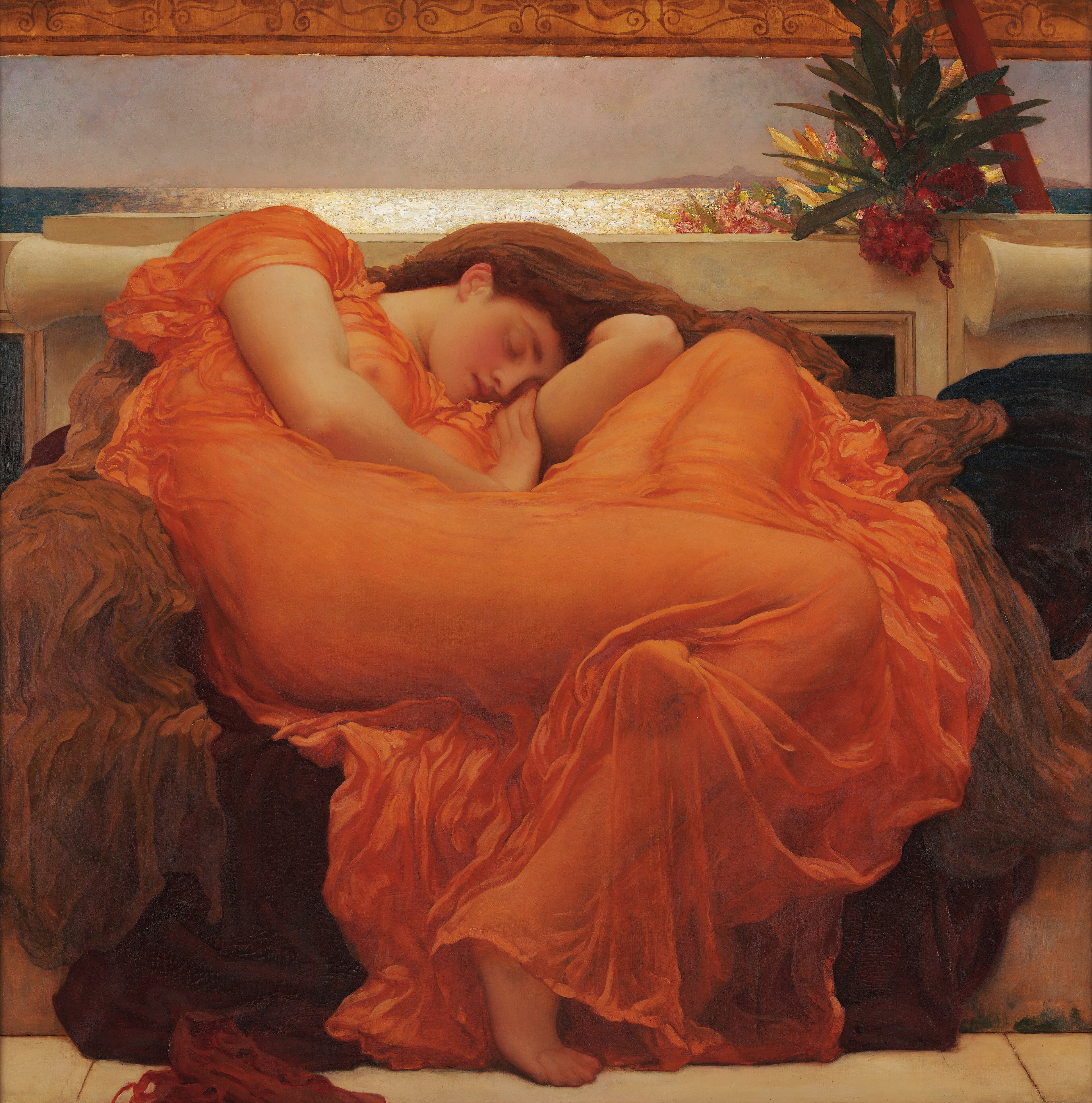 A woman in a sheer orange dress sleeps curled on a marble bench above a sunlit sea, an oleander branch hanging at the top right — Frederic Leighton, Flaming June, 1895