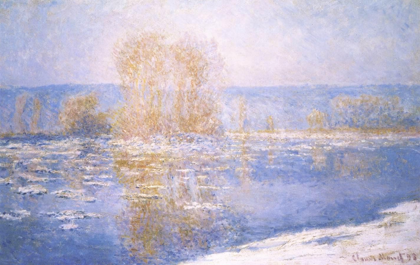 Flat ice floes drift in rows on a lavender river below a clump of frosted island trees lit gold and pink by low sun, a snowy bank at lower right — Claude Monet, Floating Ice at Bennecourt, 1893