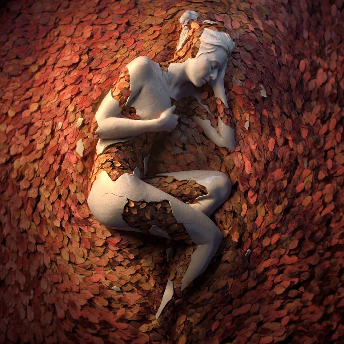 A white, cracked porcelain-like woman lies curled asleep in swirling red and orange autumn leaves, parts of her body broken away to reveal leaves inside — Jean-Michel Bihorel, Flower Figures Nº04 (Fall – Asleep)