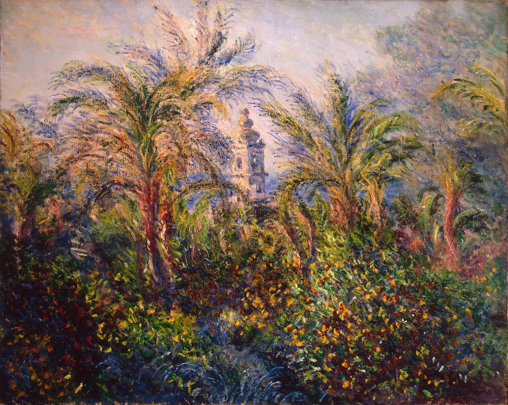 Tall palm trees and flowering shrubs frame a pale church bell tower under a hazy pink morning sky — Claude Monet, Garden at Bordighera, Impression of Morning, 1884
