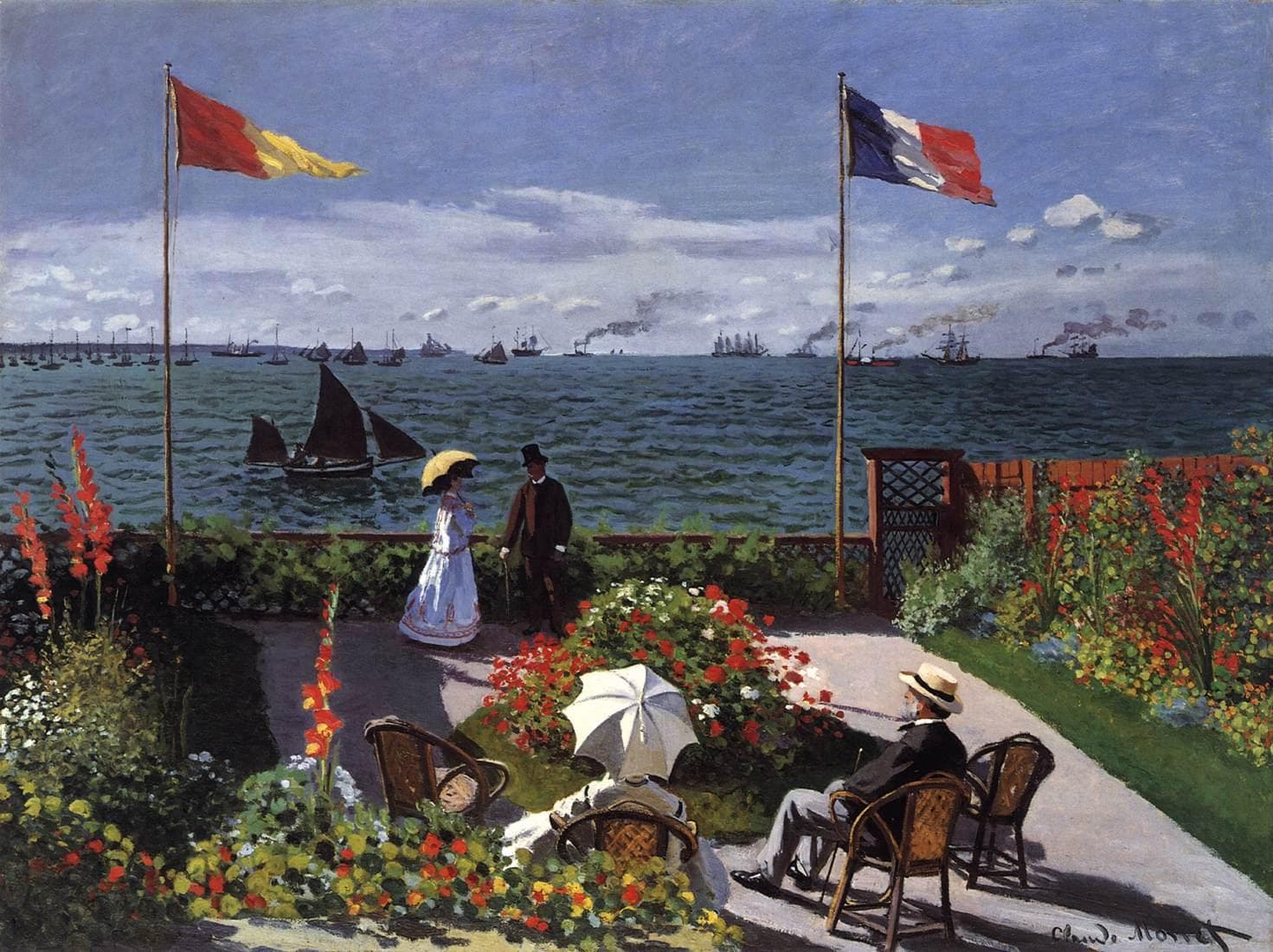 A flower-filled terrace above a choppy blue sea crowded with sails and steamers, two flags flying, figures in wicker chairs and at the rail — Claude Monet, Garden at Sainte-Adresse, 1867
