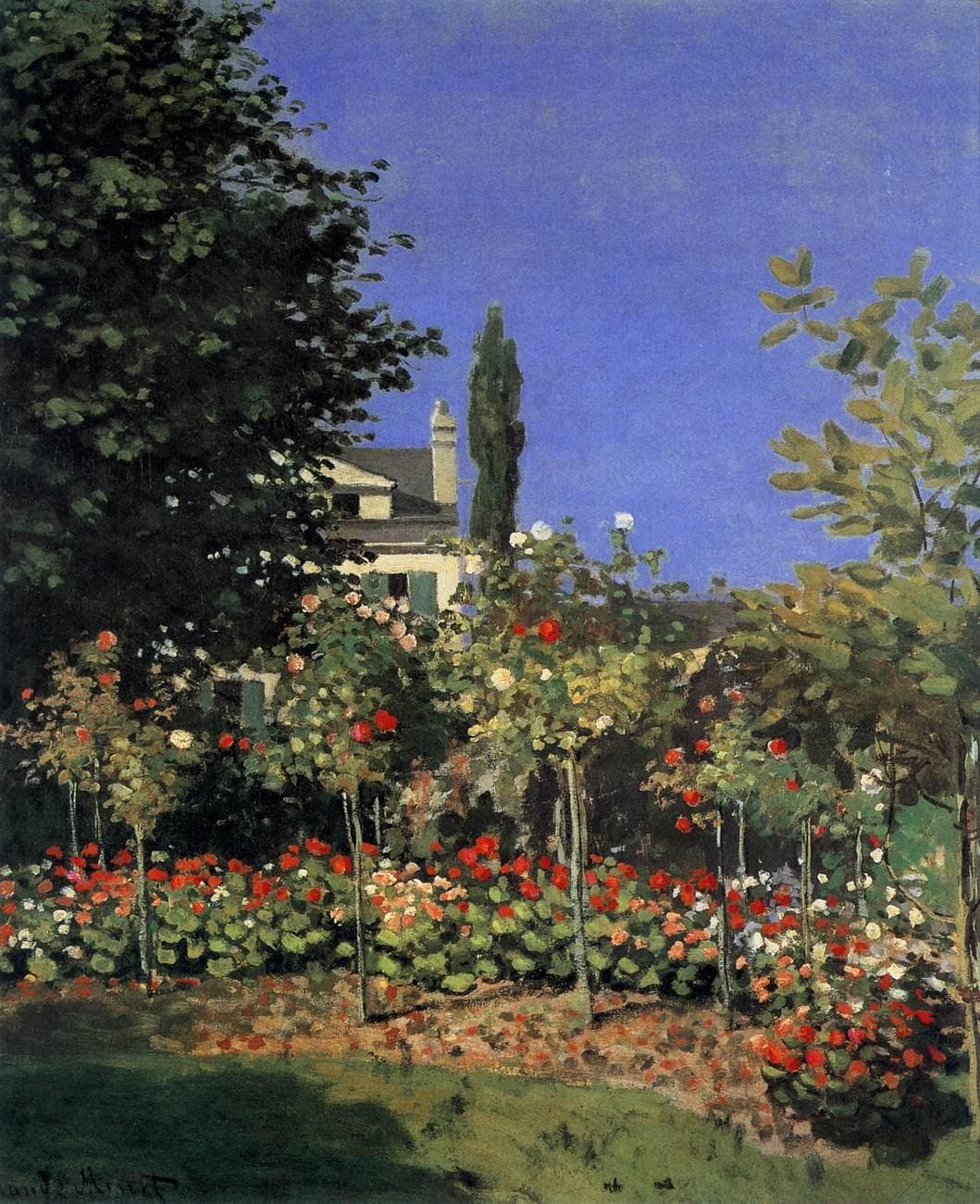 A sunny garden with red flower beds and standard roses on thin stems before a pale house, a cypress and a dark tree, under a cloudless blue sky — Claude Monet, Garden in Bloom at Sainte-Adresse, c. 1866