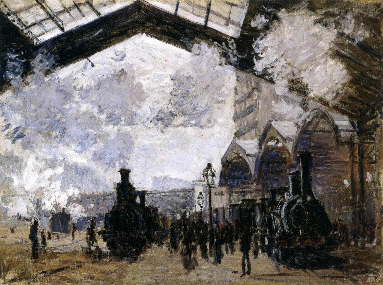 Two black steam locomotives on a crowded platform under an iron-and-glass station roof, clouds of white and lilac smoke rising toward pointed gables — Claude Monet, The Gare Saint-Lazare, 1877