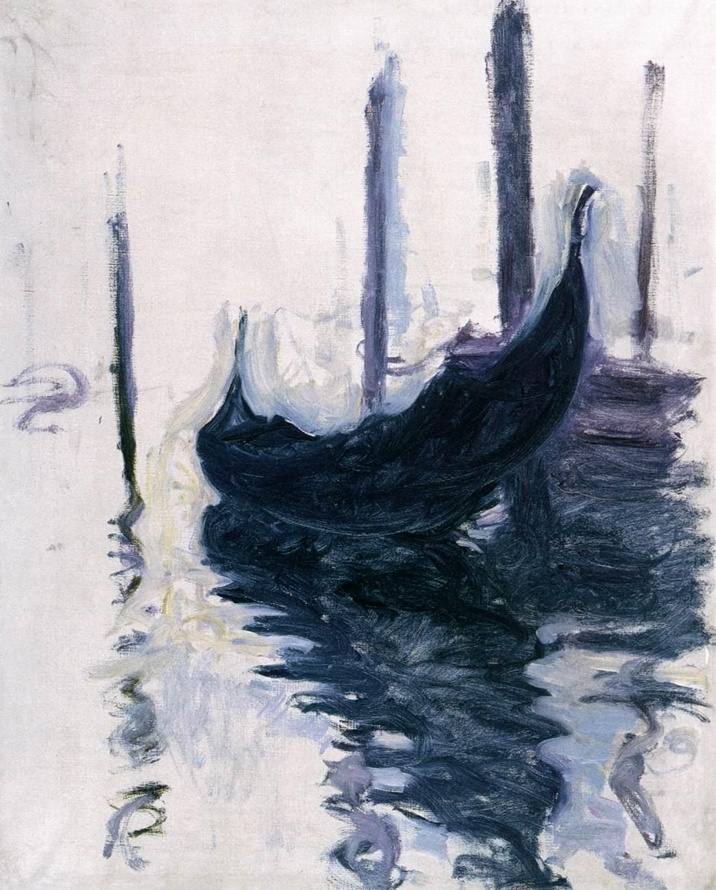 A black gondola with a curling prow moored among tall wooden poles, its dark reflection breaking up in pale lilac water — Claude Monet, Gondola in Venice, 1908