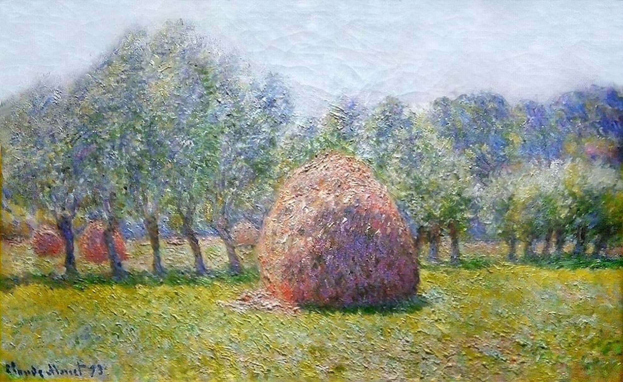A pink and orange wheat stack stands in a green meadow before a row of thin-trunked trees, smaller red stacks glimpsed behind — Claude Monet, Grainstack, 1893