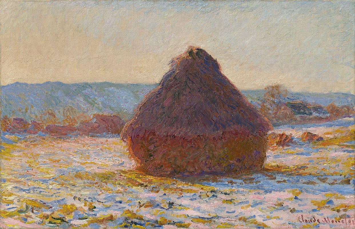 A single dark red wheat stack with glowing edges stands in thin snow flecked with yellow stubble, farm buildings and blue hills behind — Claude Monet, Grainstack in the Sunlight, Snow Effect, 1891