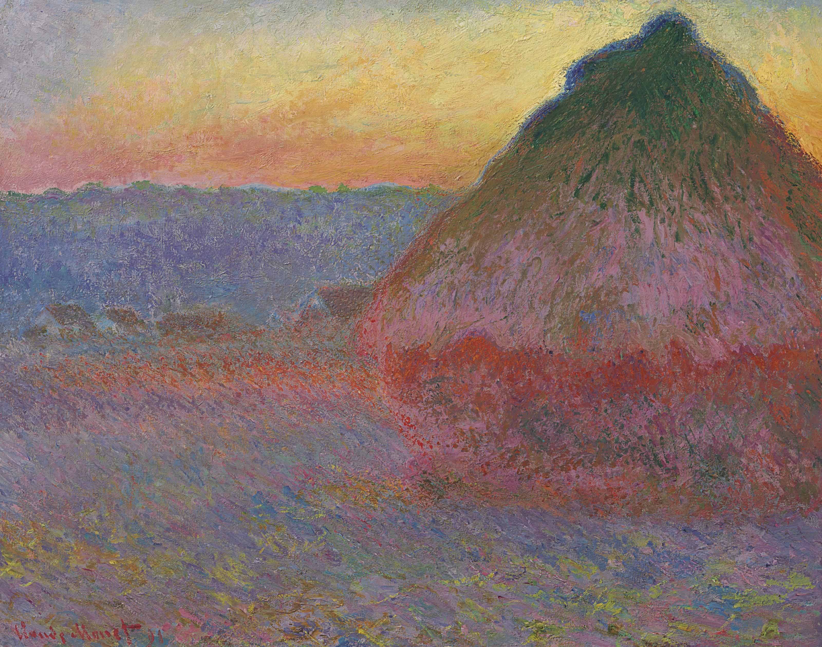 A huge dark wheat stack with a red base looms at right against a yellow and pink sky over a violet field — Claude Monet, Grainstack in the Sunlight (Meule), 1891