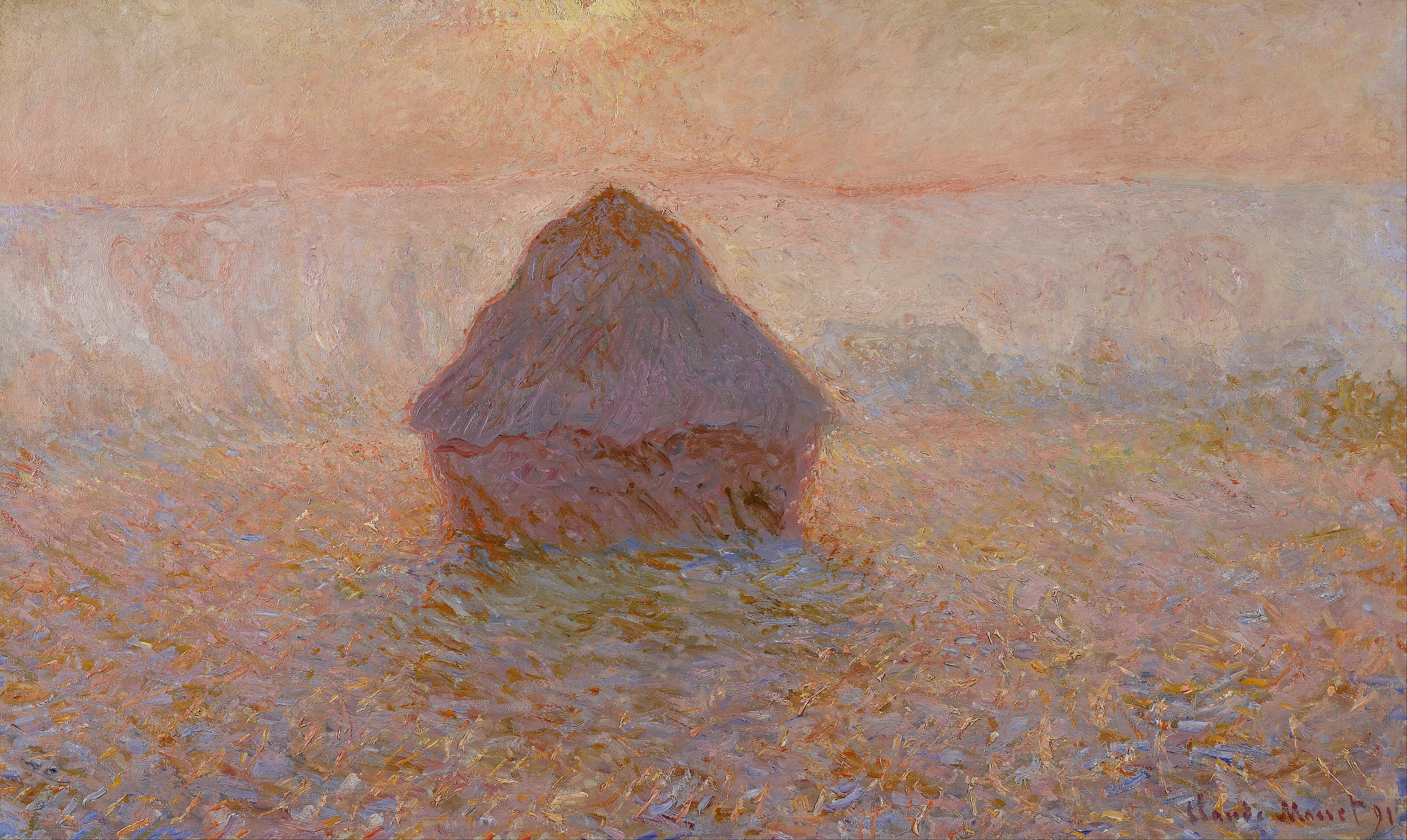A single violet and rose wheat stack stands in a misty field of orange and blue strokes under a pale sun in a coral sky — Claude Monet, Grainstack, Sun in the Mist, 1891