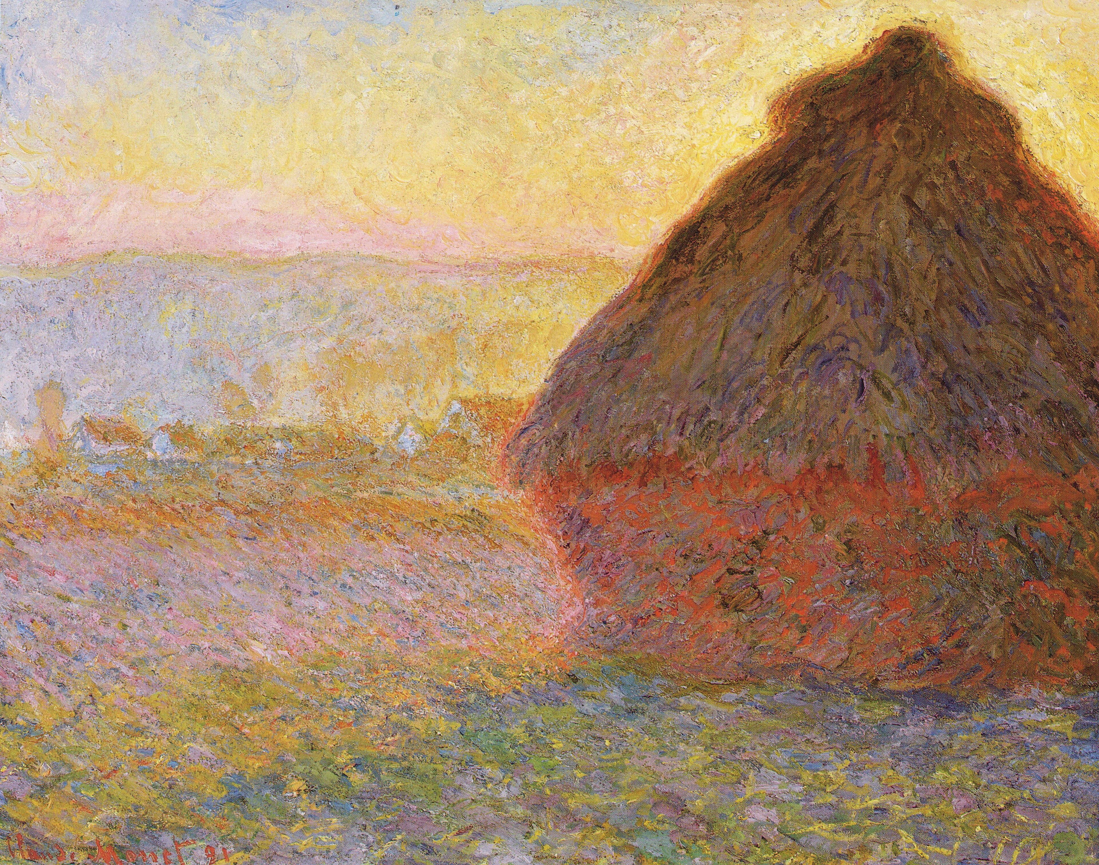 A huge dark wheat stack with a fiery orange base looms at right against a blazing yellow sunset over a violet field — Claude Monet, Grainstack (Sunset), 1891