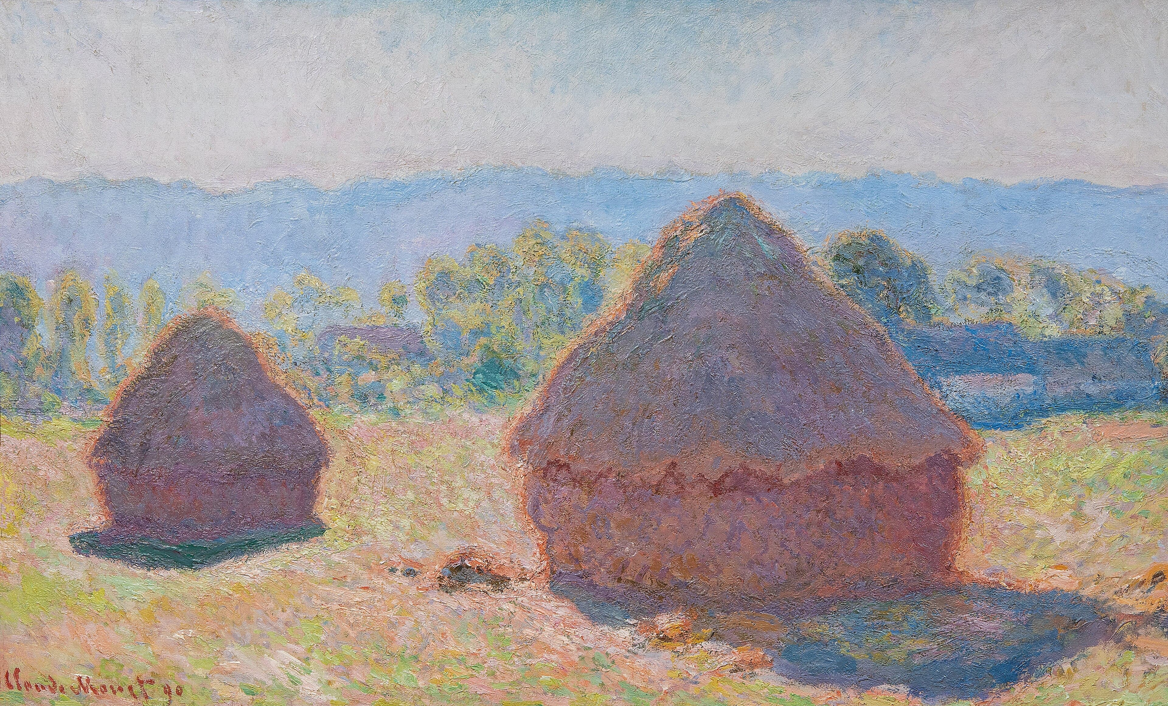 Two dark wheat stacks with glowing orange edges cast blue shadows across a pale sunlit field, trees and blue hills behind — Claude Monet, Grainstacks, in Bright Sunlight, 1890