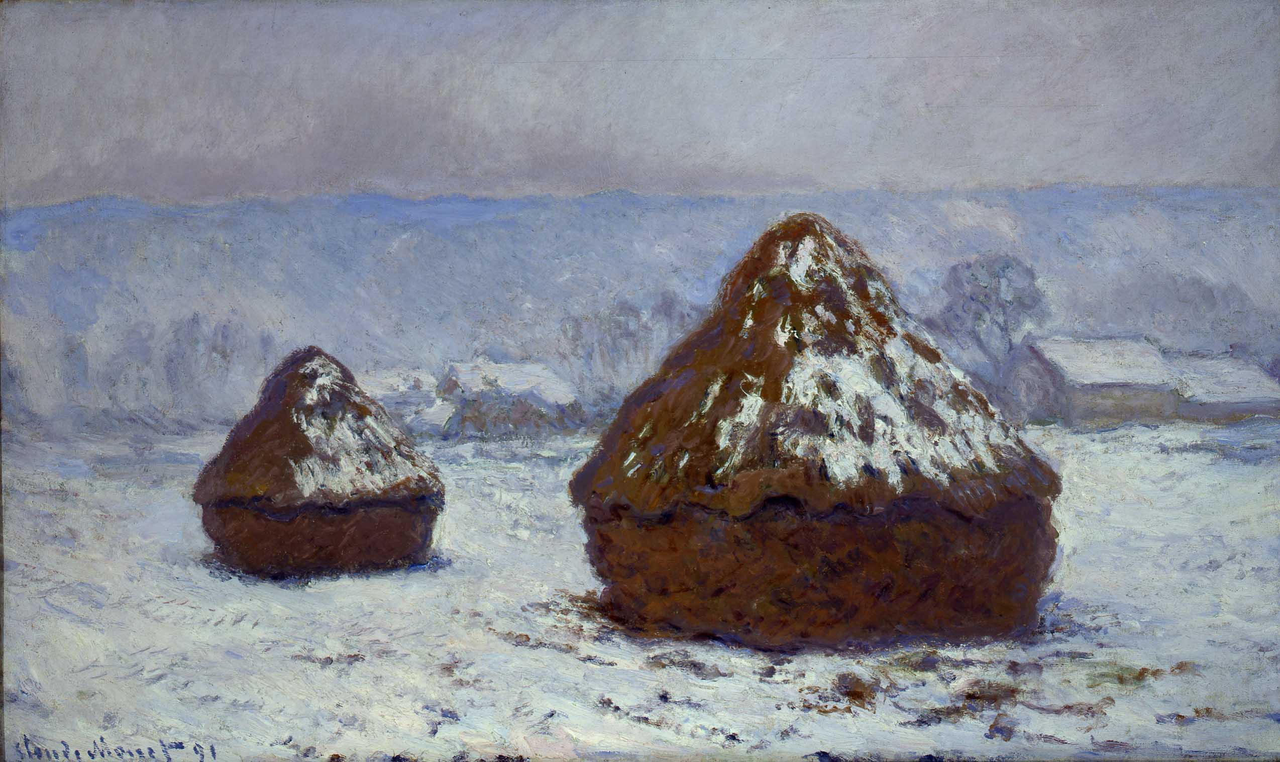 Two dark brown wheat stacks with streaks of snow on their caps stand in a white field before snowy farm roofs under a gray sky — Claude Monet, Grainstacks, Snow Effect, 1891