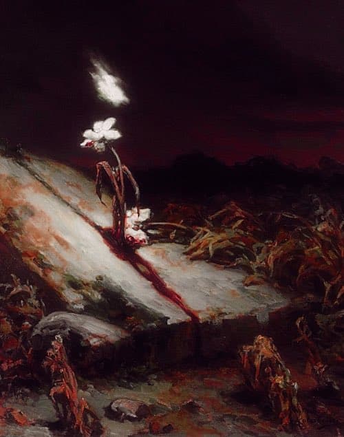 A white lily grows from a crack in a pale grave slab among dead weeds at night, a thin red stream running down the stone and a faint glow hovering above — Wilhelm Kotarbiński, Grave of a Suicide Victim, c. 1900