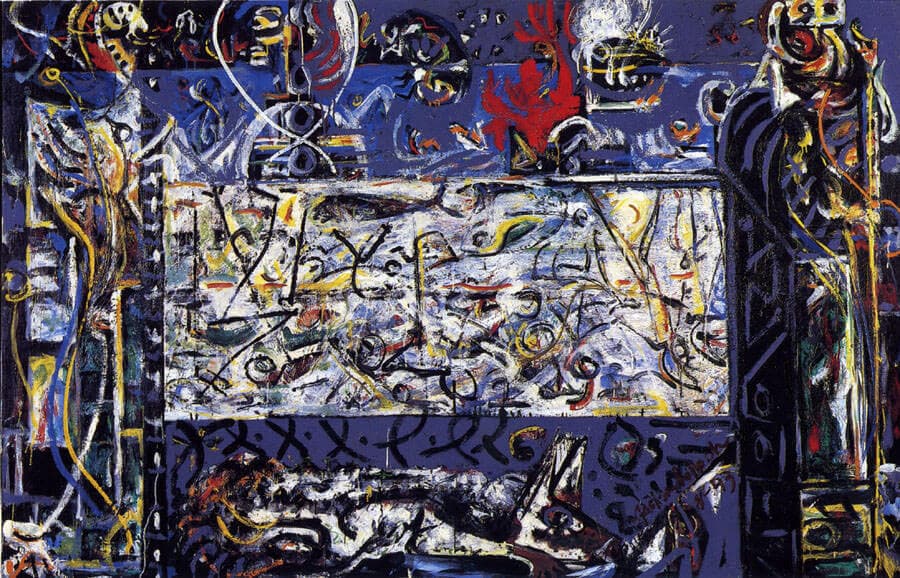 Two dark totem-like figures flank a pale central panel crowded with black and colored scribbles, an animal lying below on a deep blue ground — Jackson Pollock, Guardians of the Secret, 1943