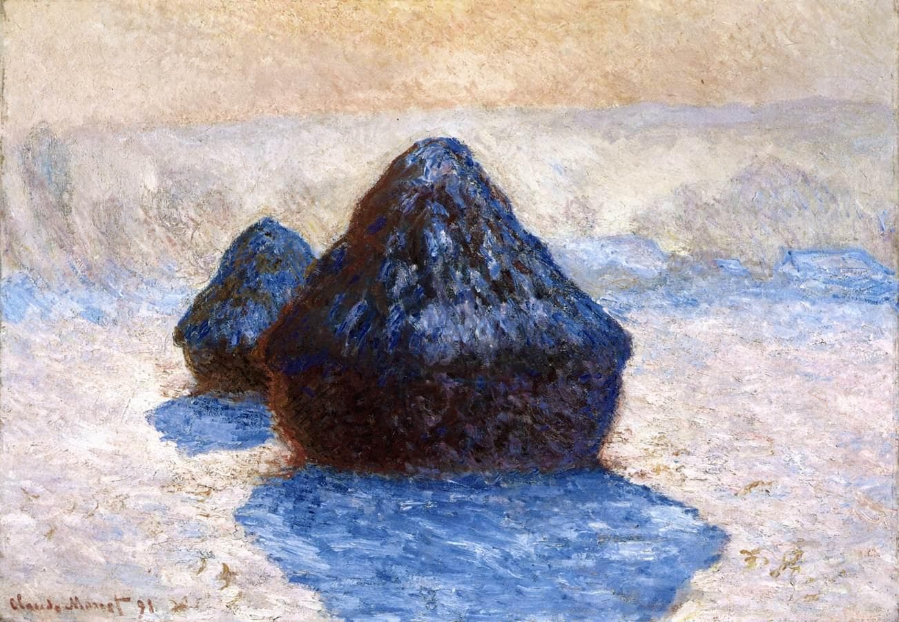 Two dark plum-and-blue wheat stacks in a snowy field cast bright blue shadows toward the viewer under a hazy peach sky — Claude Monet, Haystacks, Snow Effect, 1891