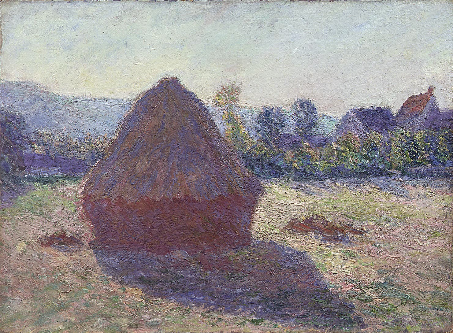 A single wheat stack casts a long violet shadow across a sunlit meadow, trees and village roofs with an orange gable behind — Claude Monet, Haystack in the Evening Sun, 1891