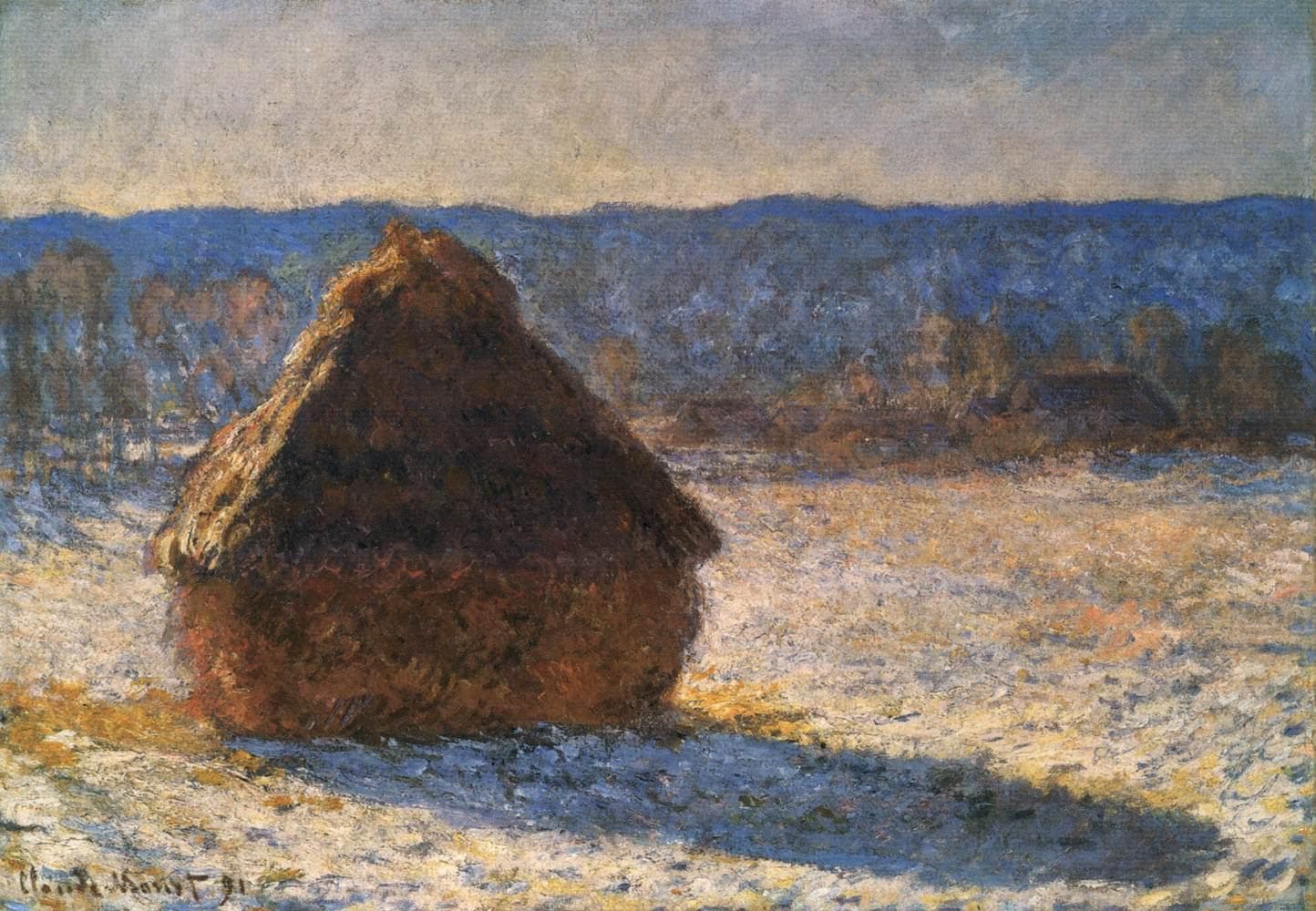 A single rust-brown wheat stack with a glowing straw rim casts a blue shadow across thin pink snow before farm buildings and blue hills — Claude Monet, Grainstack (Snow Effect), 1891