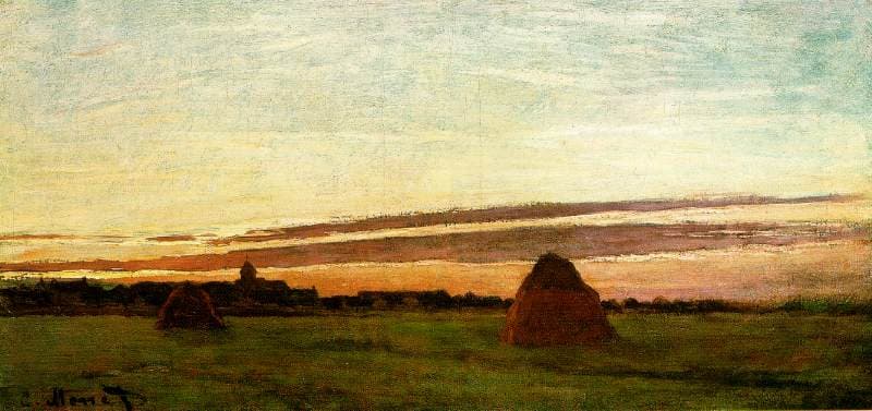 Two haystacks in a dark field before a village silhouette, under a wide dawn sky of pale yellow and apricot streaked with violet clouds — Claude Monet, Haystacks at Chailly at Sunrise, 1865