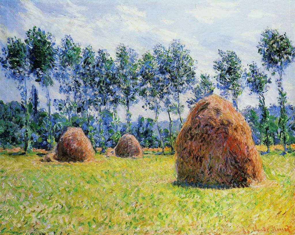Three russet haystacks stand in a bright green summer meadow before a row of slender blue-green poplars under a pale sky — Claude Monet, Haystacks at Giverny, 1884