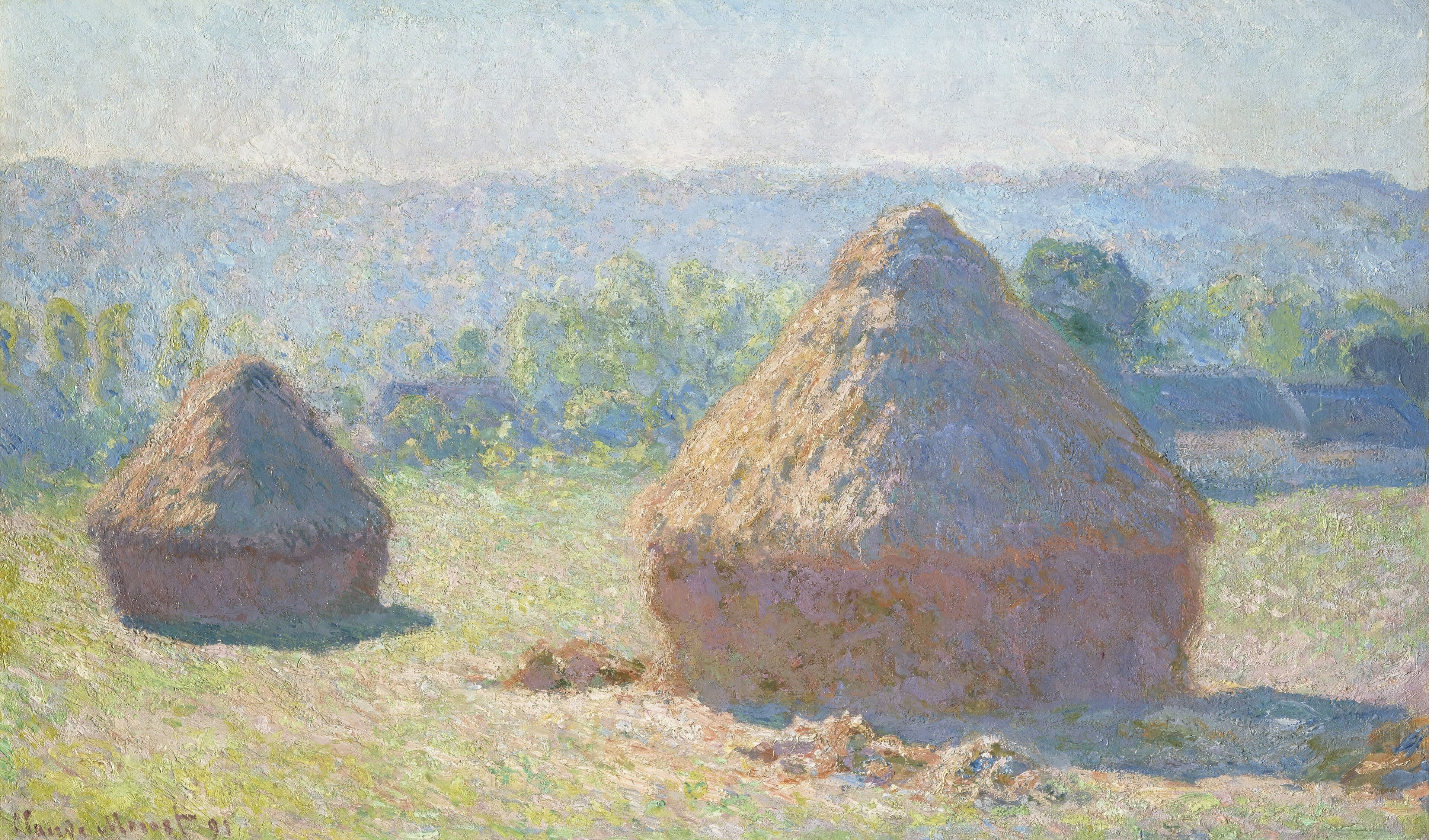 Two wheat stacks in soft mauve shadow stand in a pale sunlit field, trees and a farm building dissolving in haze behind — Claude Monet, Haystacks, End of Summer, 1891