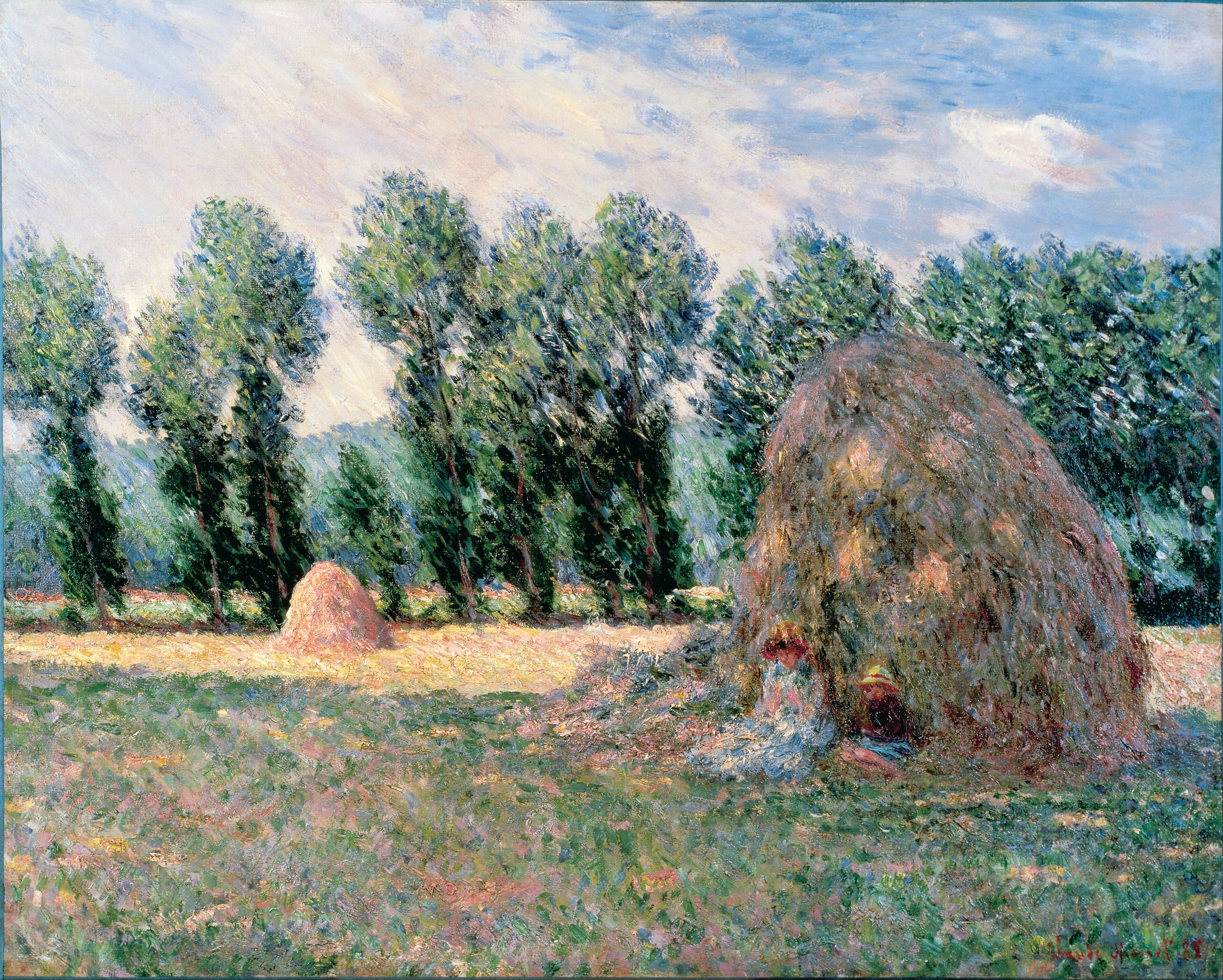 A large haystack with two figures resting in its shade, a small sunlit stack at left and tall poplars against a cloudy sky — Claude Monet, Haystacks, 1885