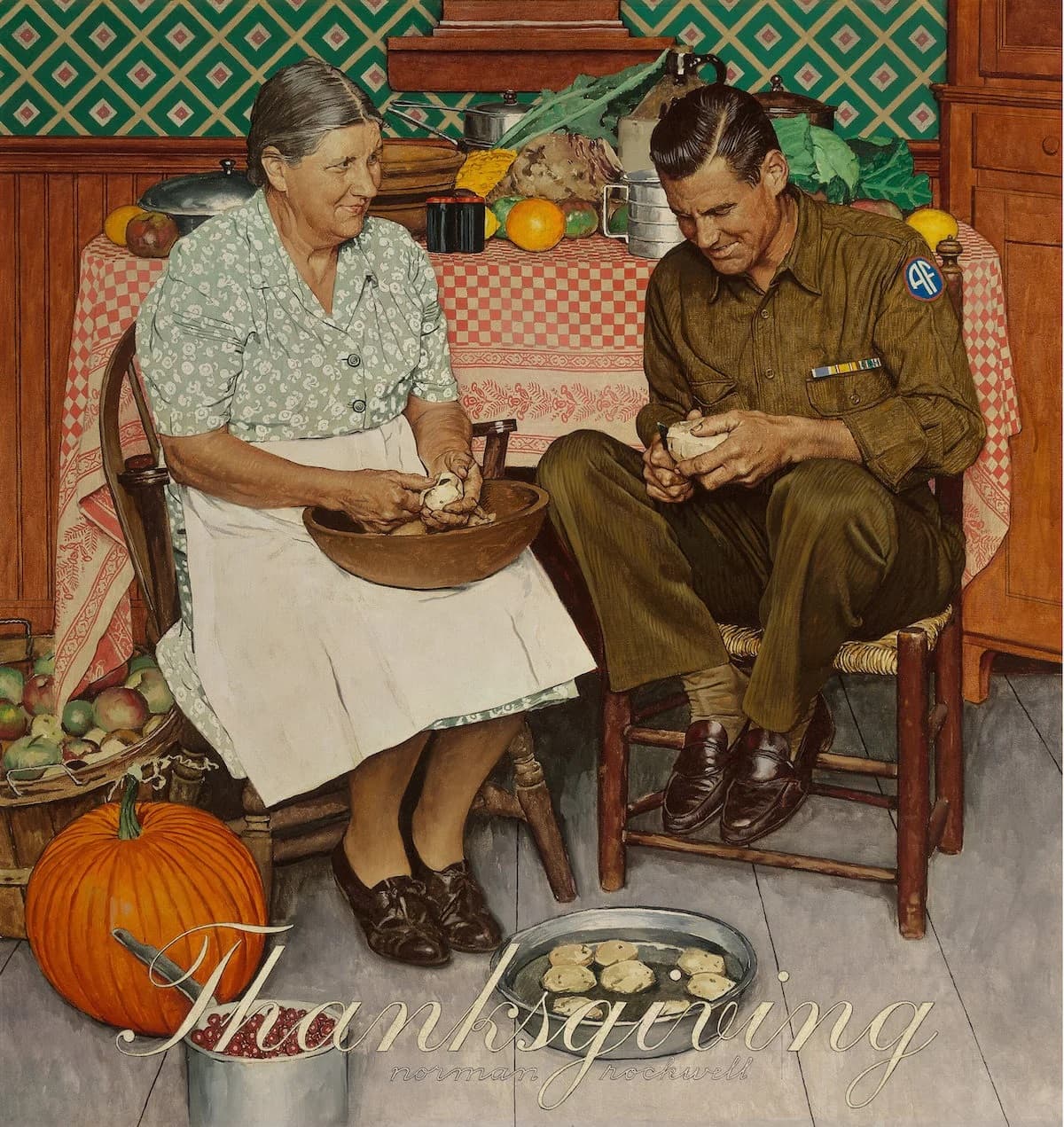An older woman in an apron and a young uniformed airman sit peeling potatoes in a kitchen full of pumpkins, apples and vegetables — Norman Rockwell, Home for Thanksgiving, 1945