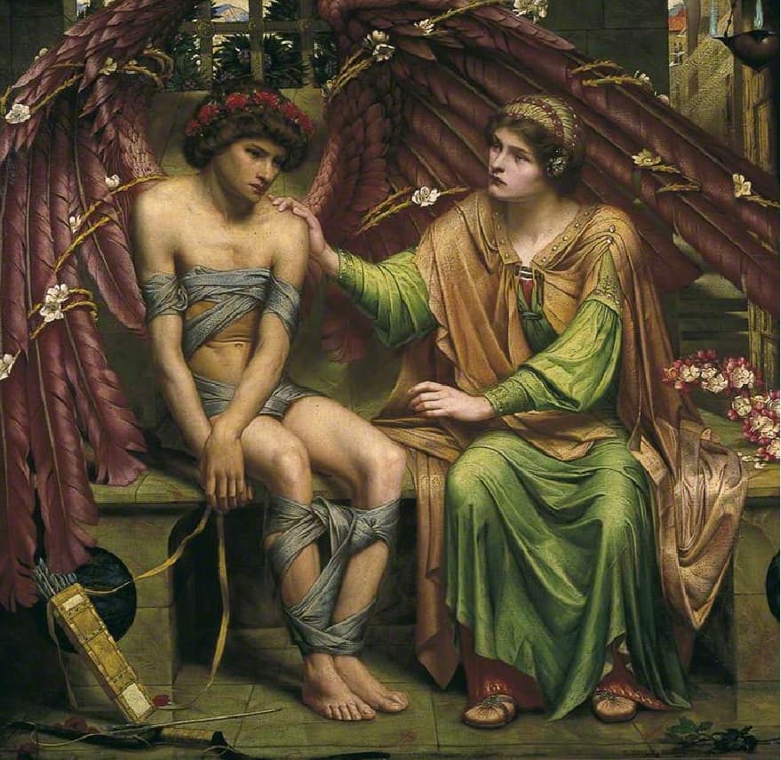 A winged youth crowned with roses sits bound in gray bands, his bow and arrows on the floor, as a woman in green comforts him — Sidney Harold Meteyard, Hope Comforting Love in Bondage, 1901