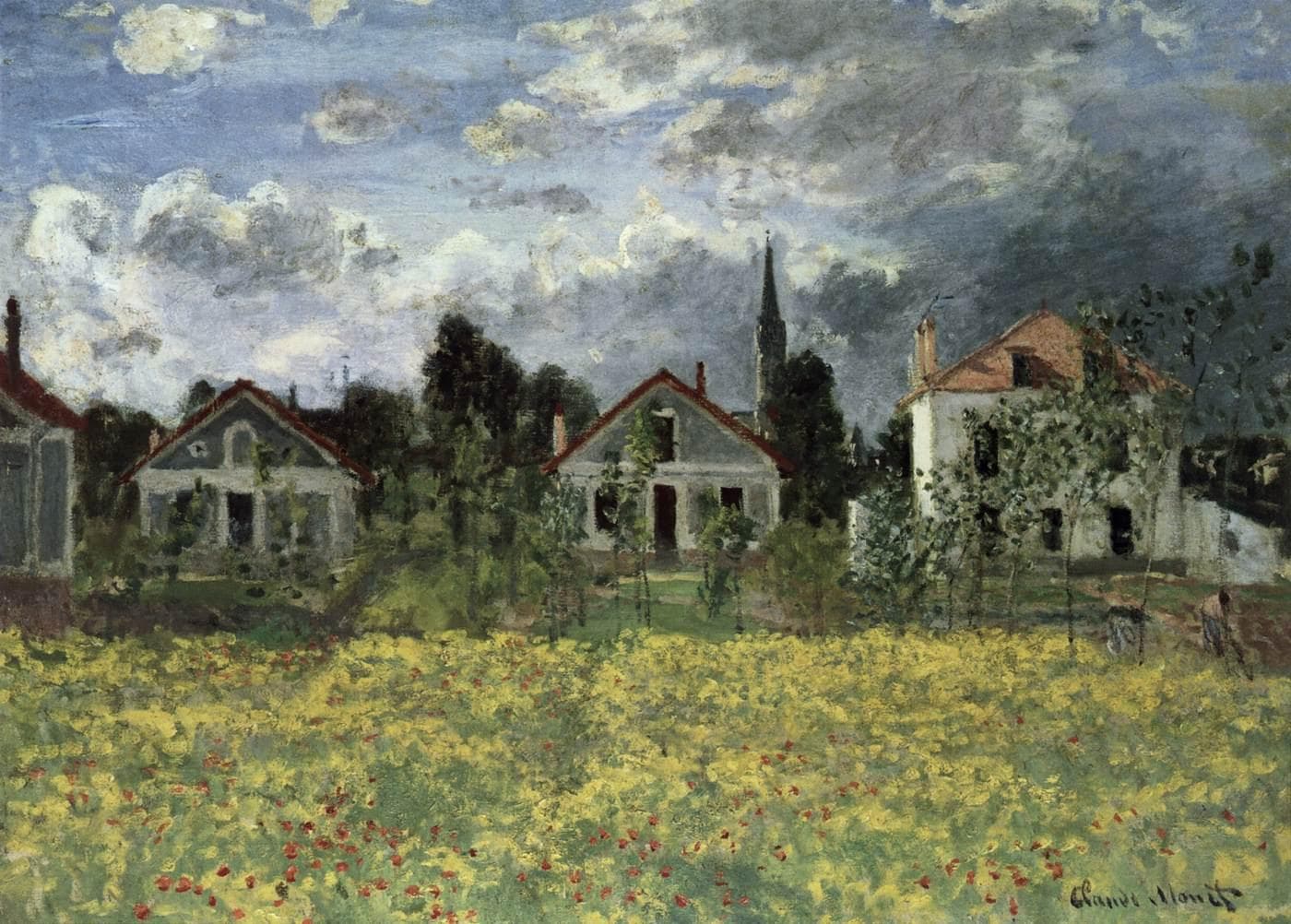 Red-roofed village houses and a church spire behind a field of yellow flowers and red poppies, storm clouds gathering above — Claude Monet, Houses at Argenteuil, 1873
