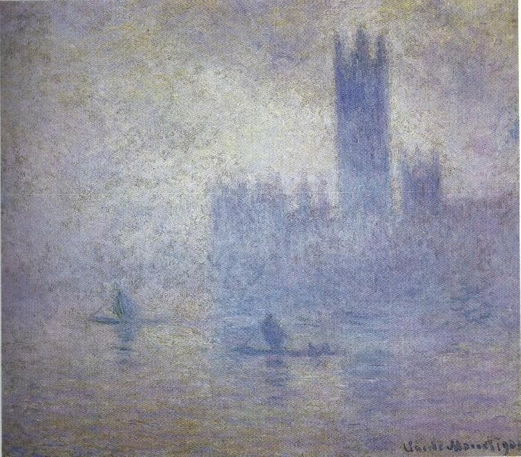 The Houses of Parliament almost vanish in pale, pearly fog over the Thames, two boats faint on the water — Claude Monet, Houses of Parliament, Effect of Fog, 1904