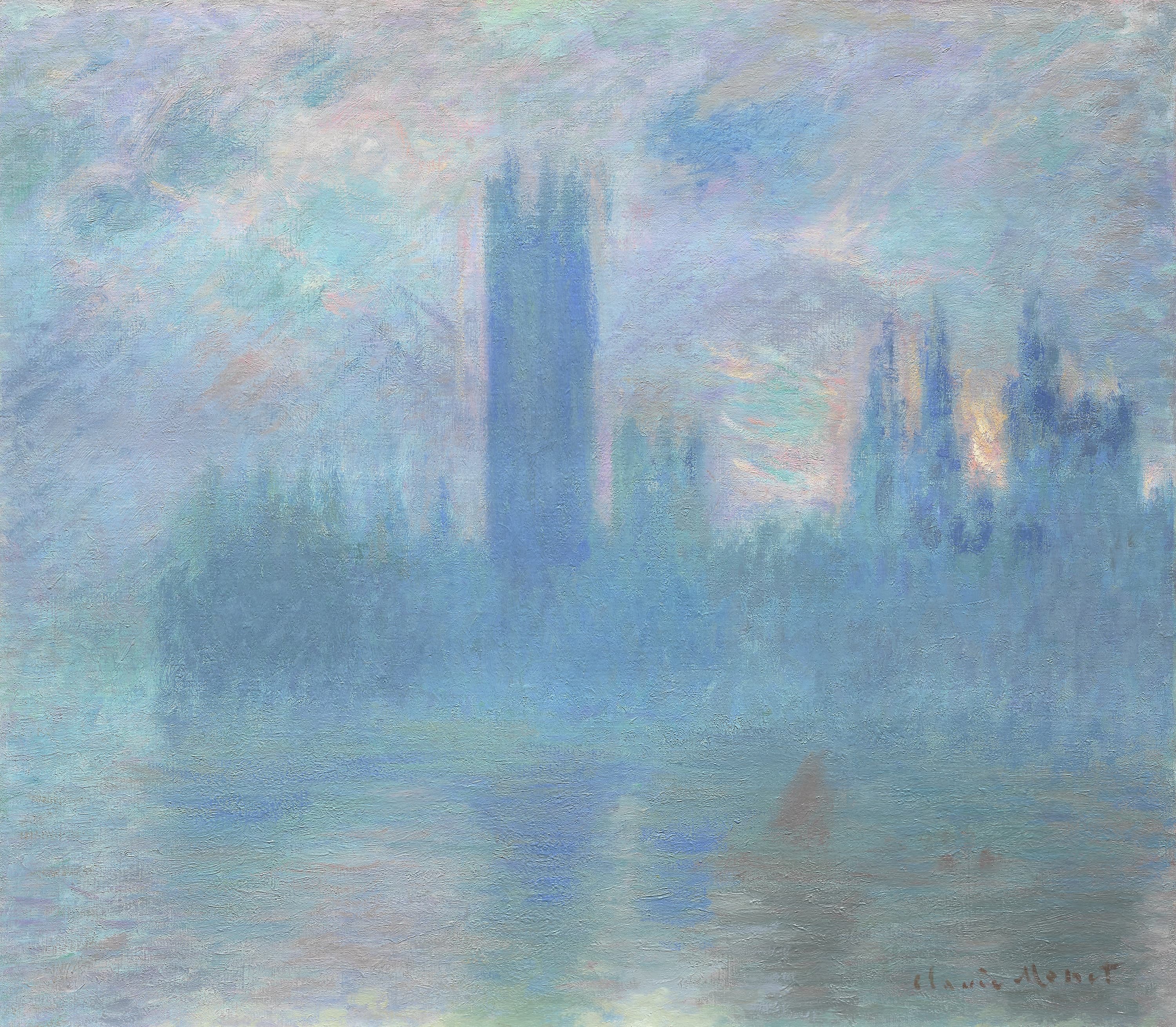 The Houses of Parliament rise as a pale blue silhouette in turquoise and pink mist over the Thames, a glint of sun between the spires — Claude Monet, Houses of Parliament, London, 1900–01