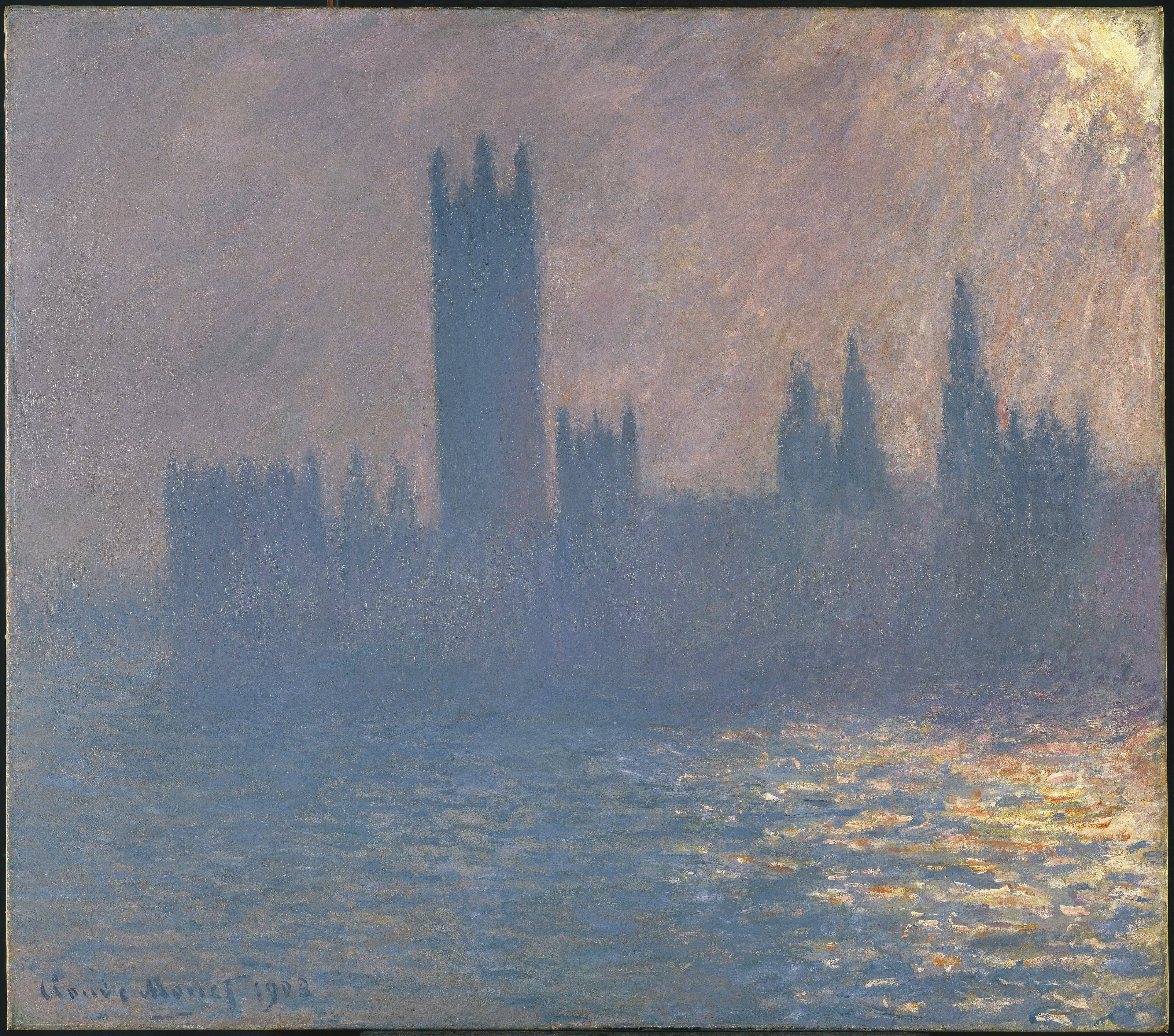 The Houses of Parliament stand as a blue-gray silhouette in lilac haze while flecks of golden sunlight glitter on the Thames below — Claude Monet, Houses of Parliament, Sunlight Effect, 1903