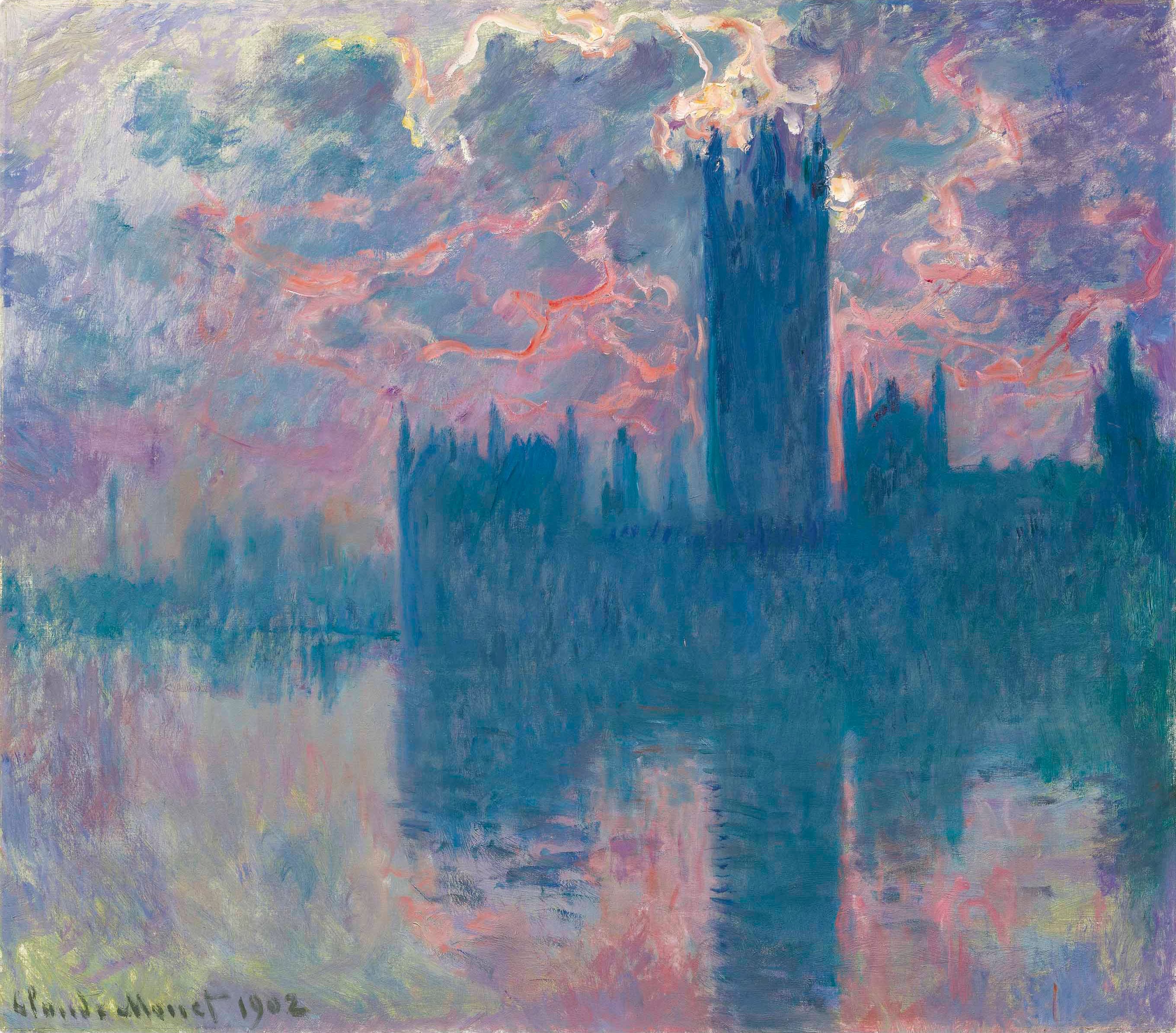The Houses of Parliament stand in blue silhouette under twisting ribbons of pink and orange cloud, reflected in a calm Thames — Claude Monet, Houses of Parliament, Sunset, 1902–03