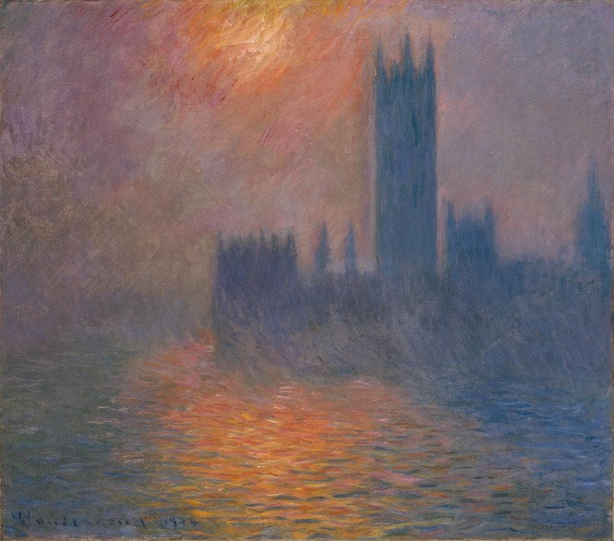 The Houses of Parliament stand in blue-violet silhouette as the setting sun bursts through haze in orange streaks, its light spilling across the Thames — Claude Monet, Houses of Parliament, Sunset, 1904