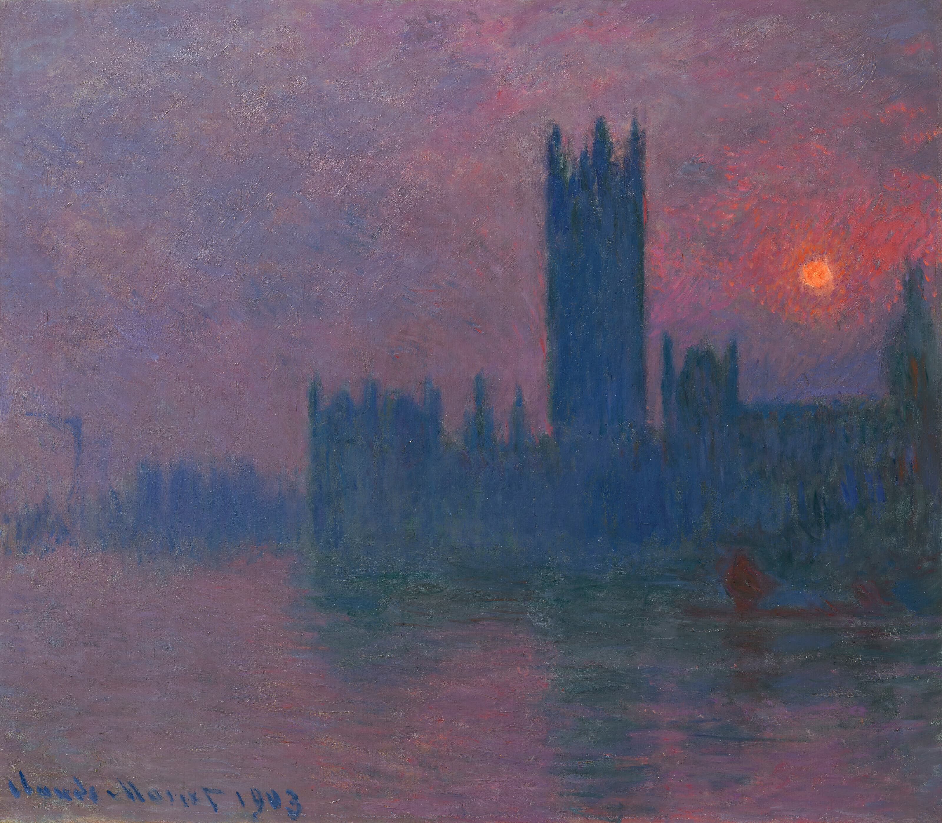 The Houses of Parliament stand as a dark blue silhouette against a purple sky, a small red-orange sun glowing beside the tower — Claude Monet, Houses of Parliament, Sunset, 1903