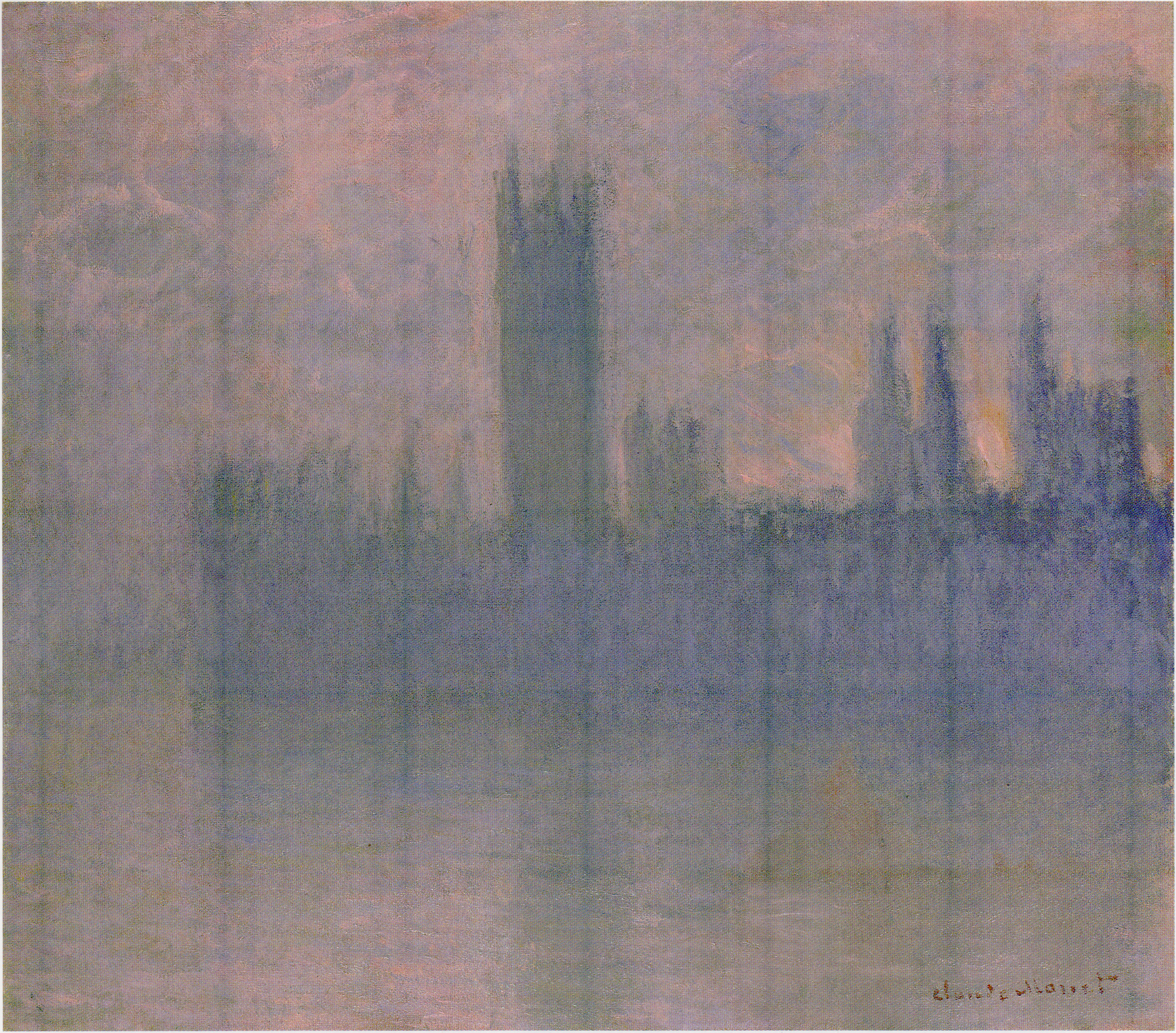 The Houses of Parliament appear as a gray-violet silhouette in a rose and mauve haze above a pink river — Claude Monet, Houses of Parliament, Symphony in Rose, 1900