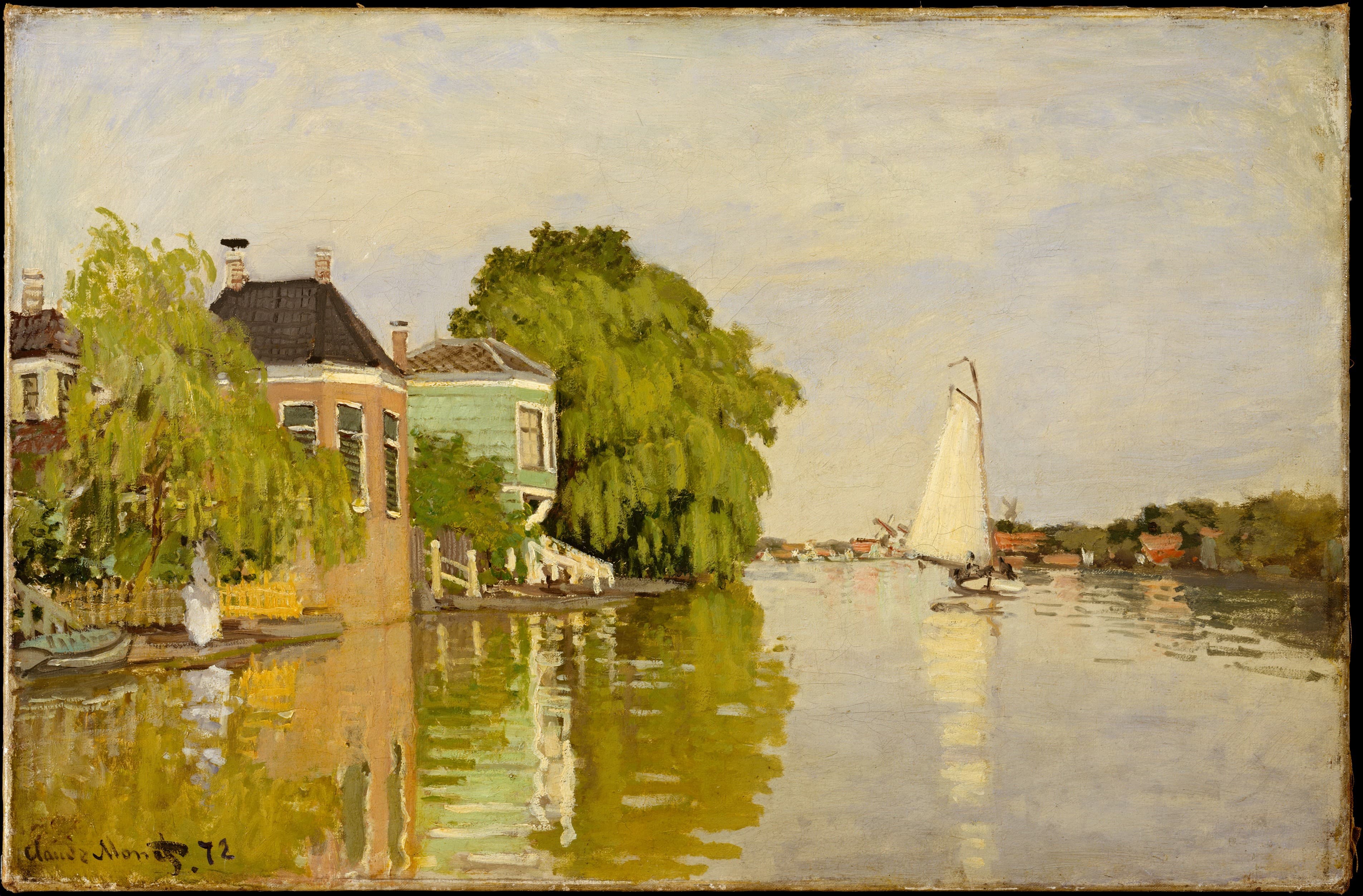 Painted wooden houses and willows reflected in a calm river, a white sail and distant windmill under a pale sky — Claude Monet, Houses on the Achterzaan, 1871