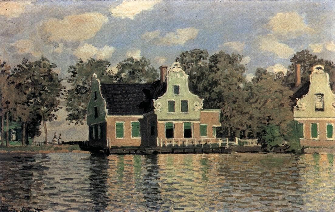 Green-gabled Dutch houses with salmon-brick walls and white scrolled gables stand along a river under a cloudy summer sky, their reflections striping the water — Claude Monet, Houses on the Zaan River at Zaandam, 1871